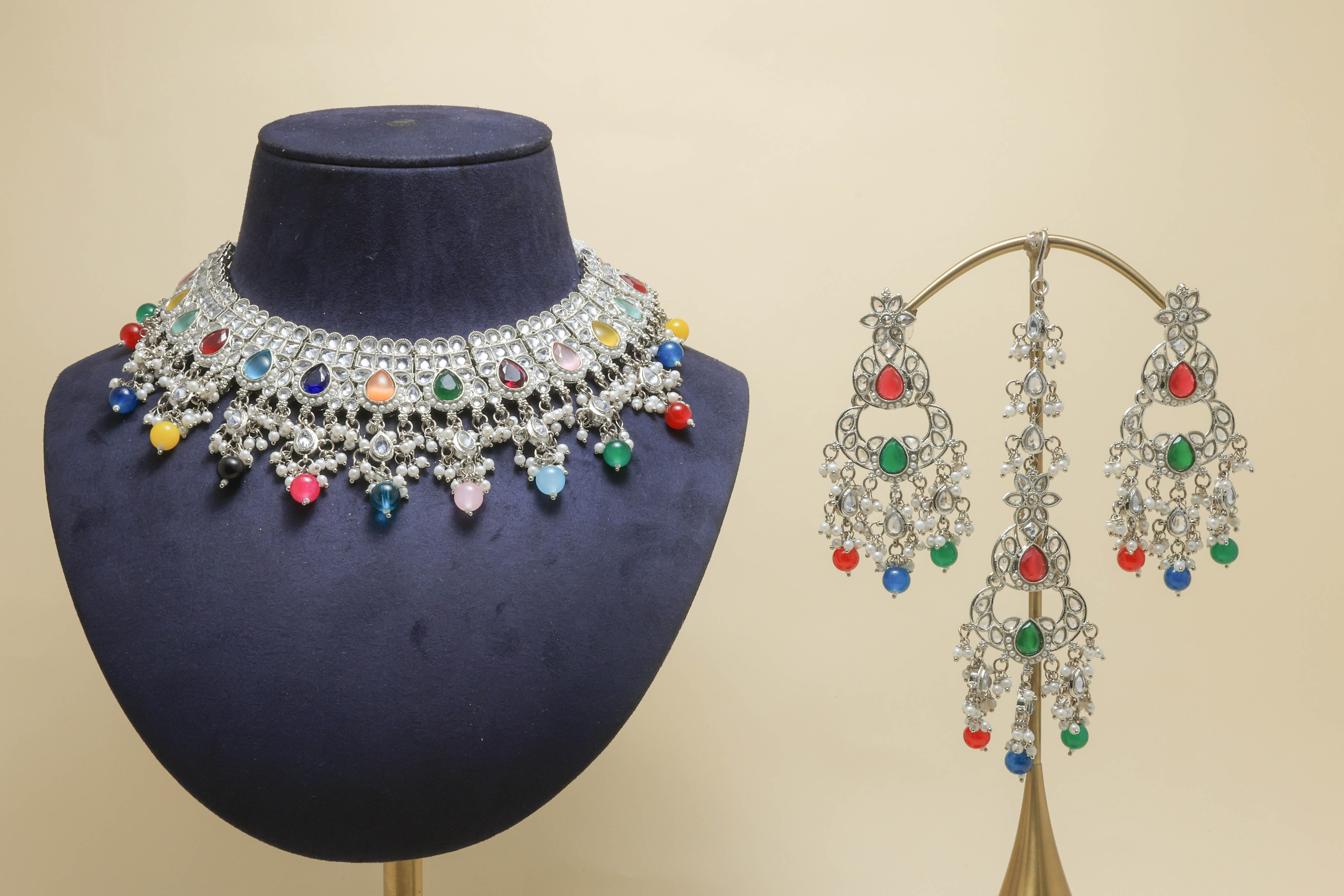 AKSHARA POLKI Full Set Jewelry - Traditional Indian Kundan Necklace, Earrings & Bracelet Set for Weddings, Parties & Festive Occasions