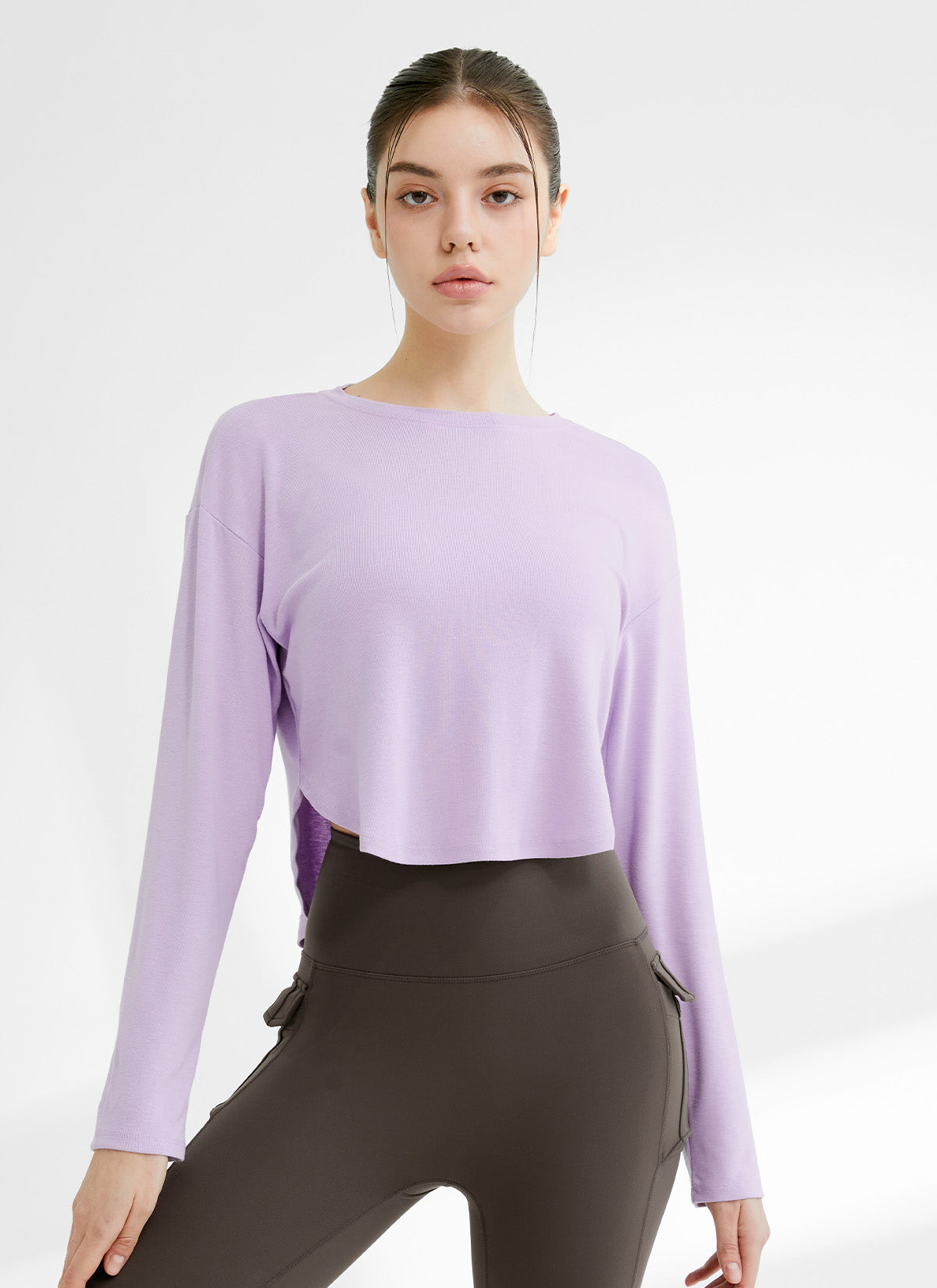 Women's Easy Round Crop Long Sleeve Tops - Casual Stretch Knit Shirt for Layering, Workout & Everyday Wear | Perfect for Yoga, Running, Office & Street Style Outfits