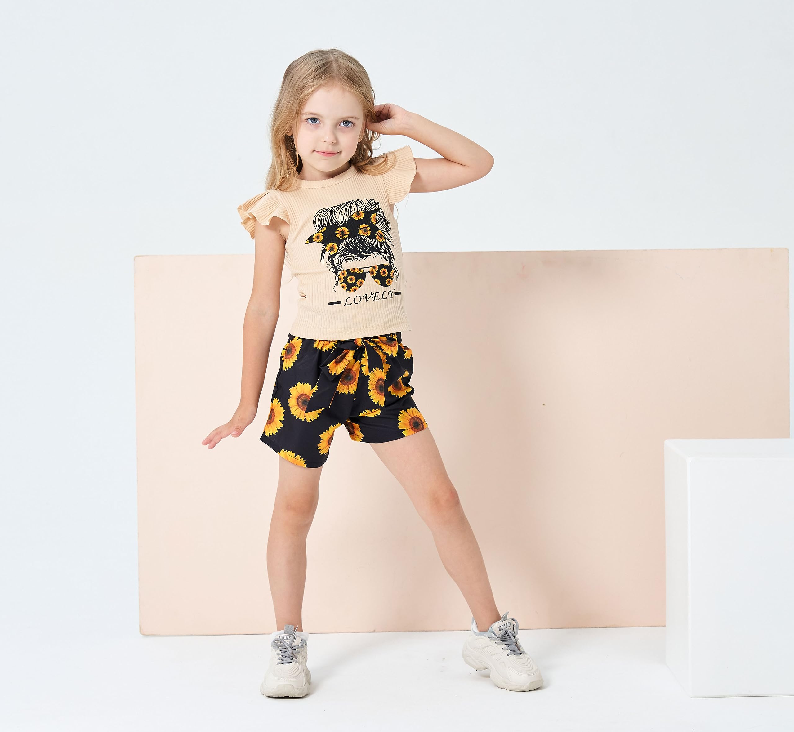 Toddler Girl Summer Outfit Set - Ruffle Sleeve Graphic Tee & Shorts | Cute Playtime & Beach Clothes for Baby Girls
