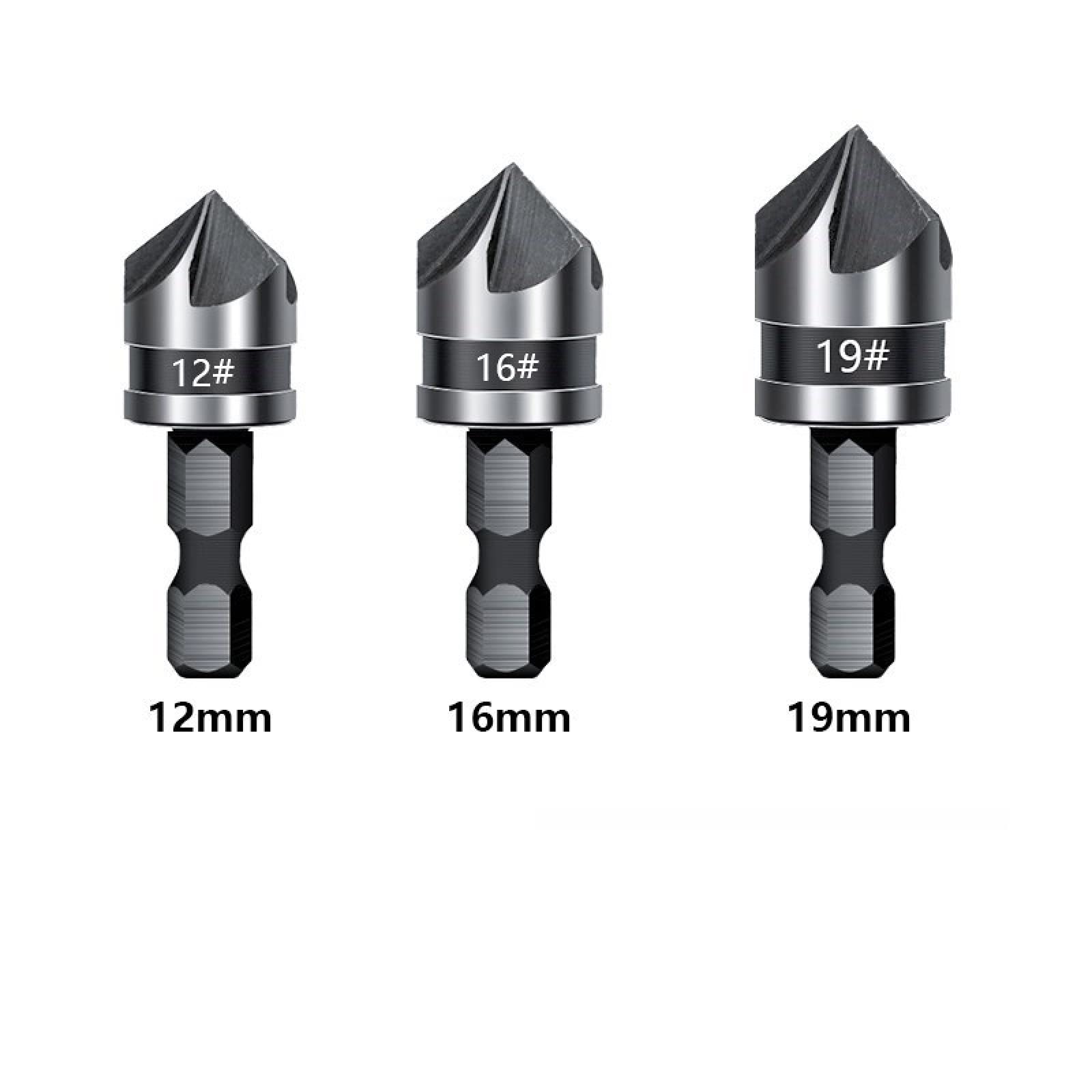 ALEYHA 3-Piece 5 Flute Chamfer Drill Bit Set - 12mm/16mm/19mm Woodworking Drill Bits with 82° Countersink & Hex Shank - Perfect for Cabinet Making, Furniture Assembly & DIY Wood Projects