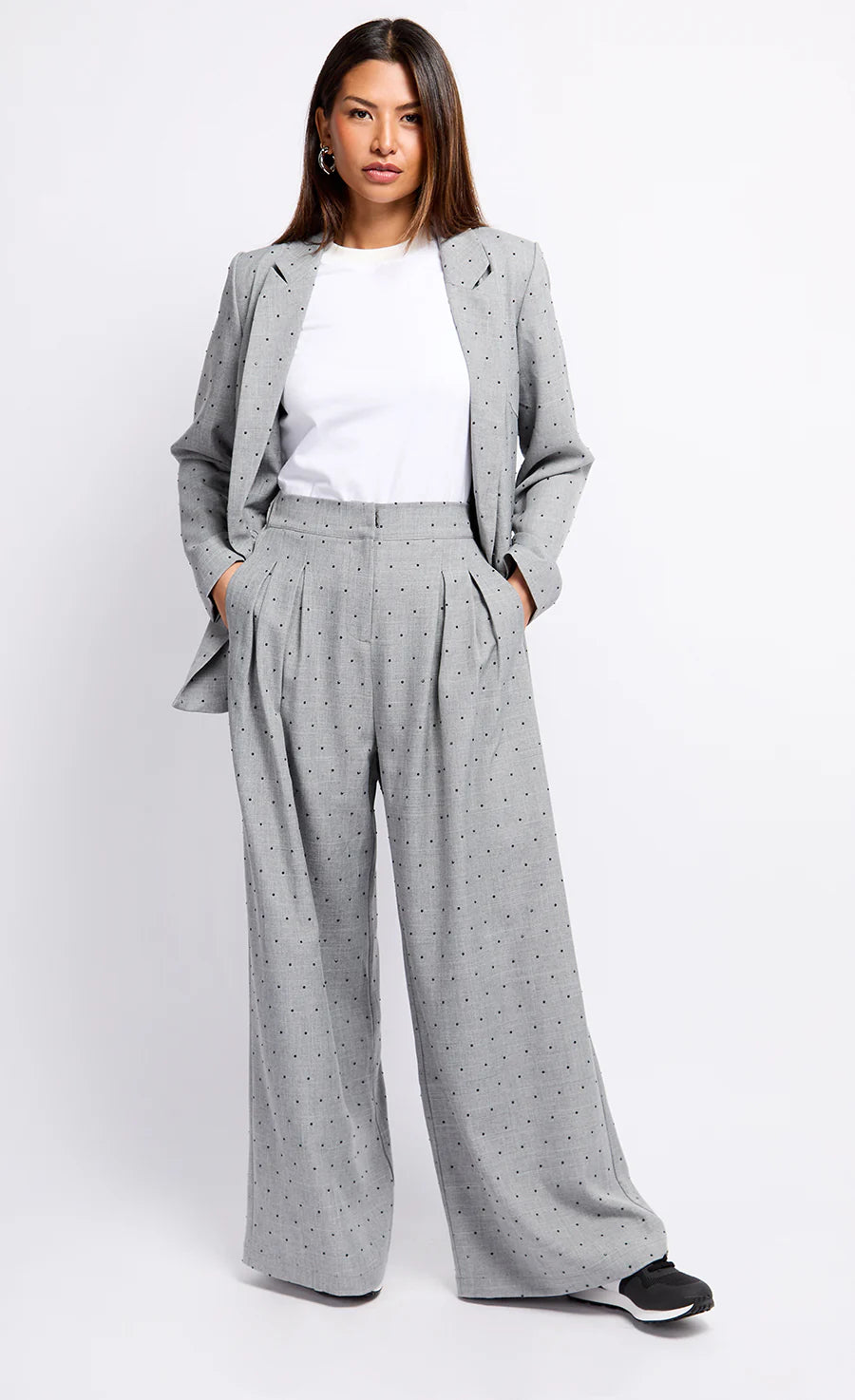 Gloria Diamante High Waist Wide Leg Pants for Women - Grey & Black | Elegant Office Pants, Business Casual Trousers, Comfortable Workwear for Professional Women