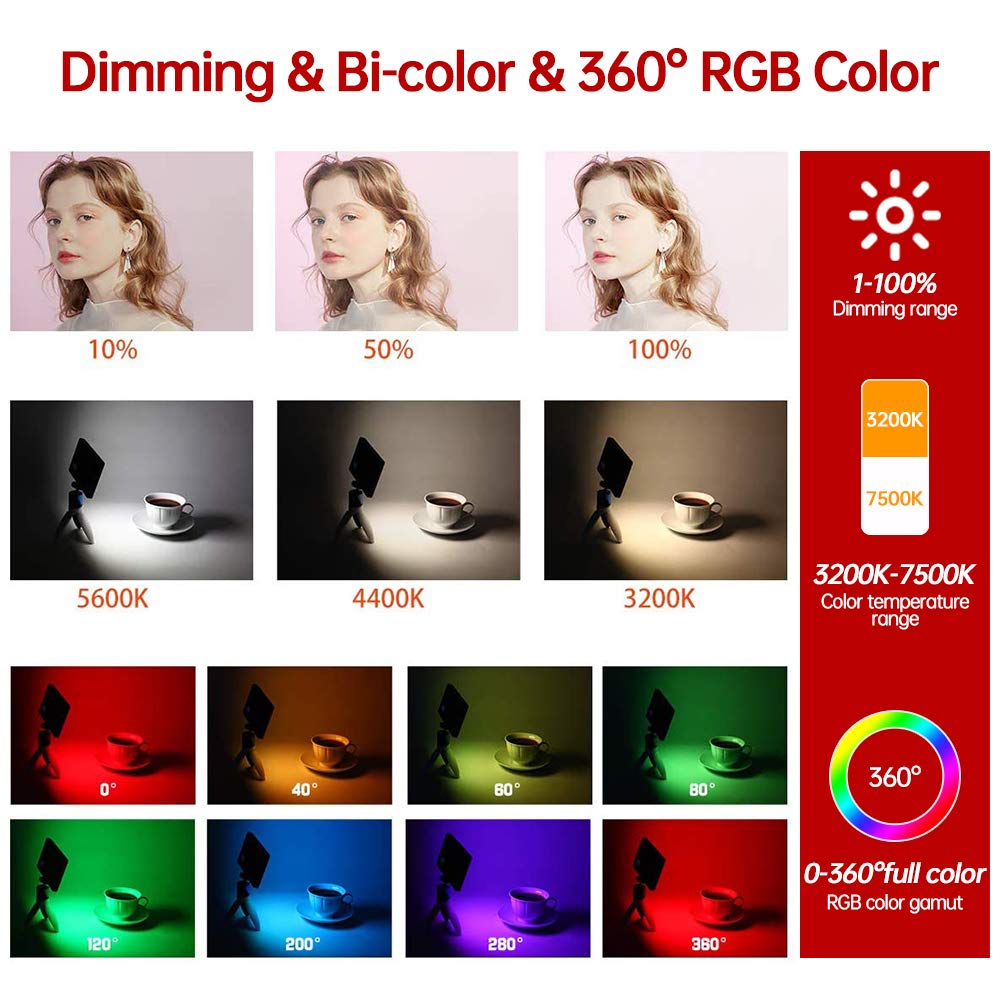 Rechargeable RGB LED Video Light - 3200K-7500K Full Color Dimmable Panel Lamp with 4040mAh Battery & USB-C Port | Portable Photography Light for YouTube, TikTok, Video Conference, Live Streaming & Content Creation