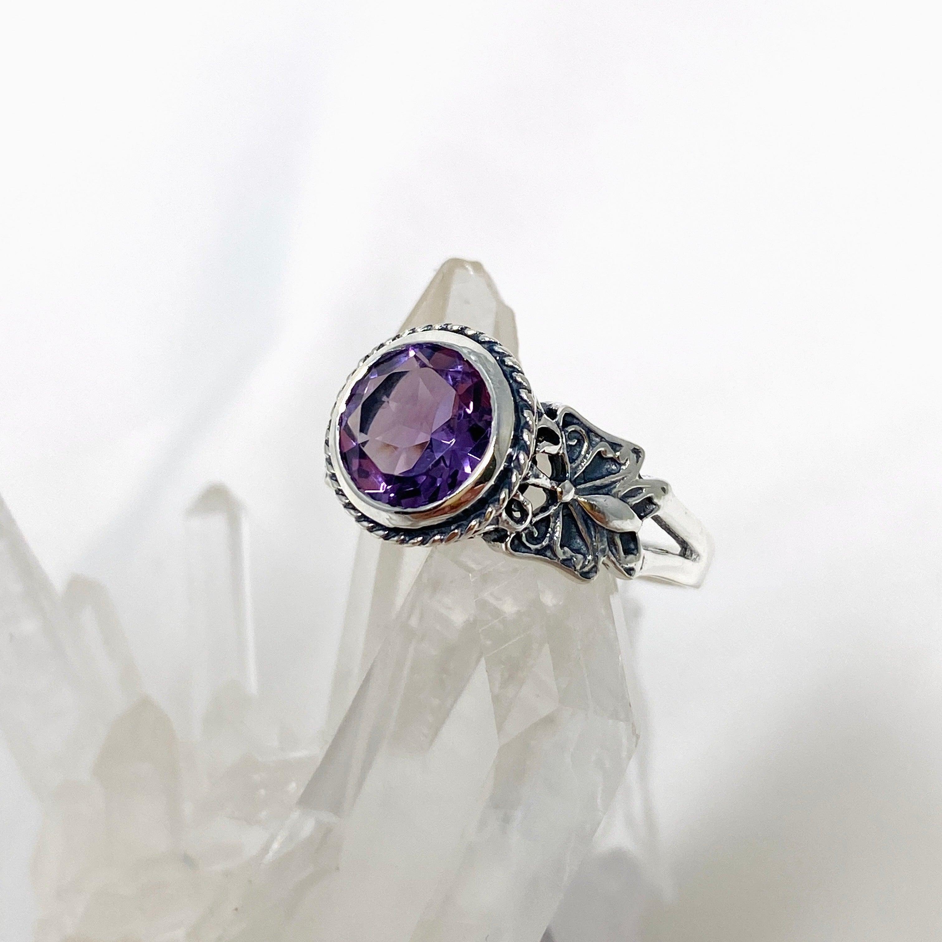 Amethyst Faceted Round Ring in Decorative Setting R3671 - Elegant Jewelry for Women, Perfect for Weddings, Parties & Gifts