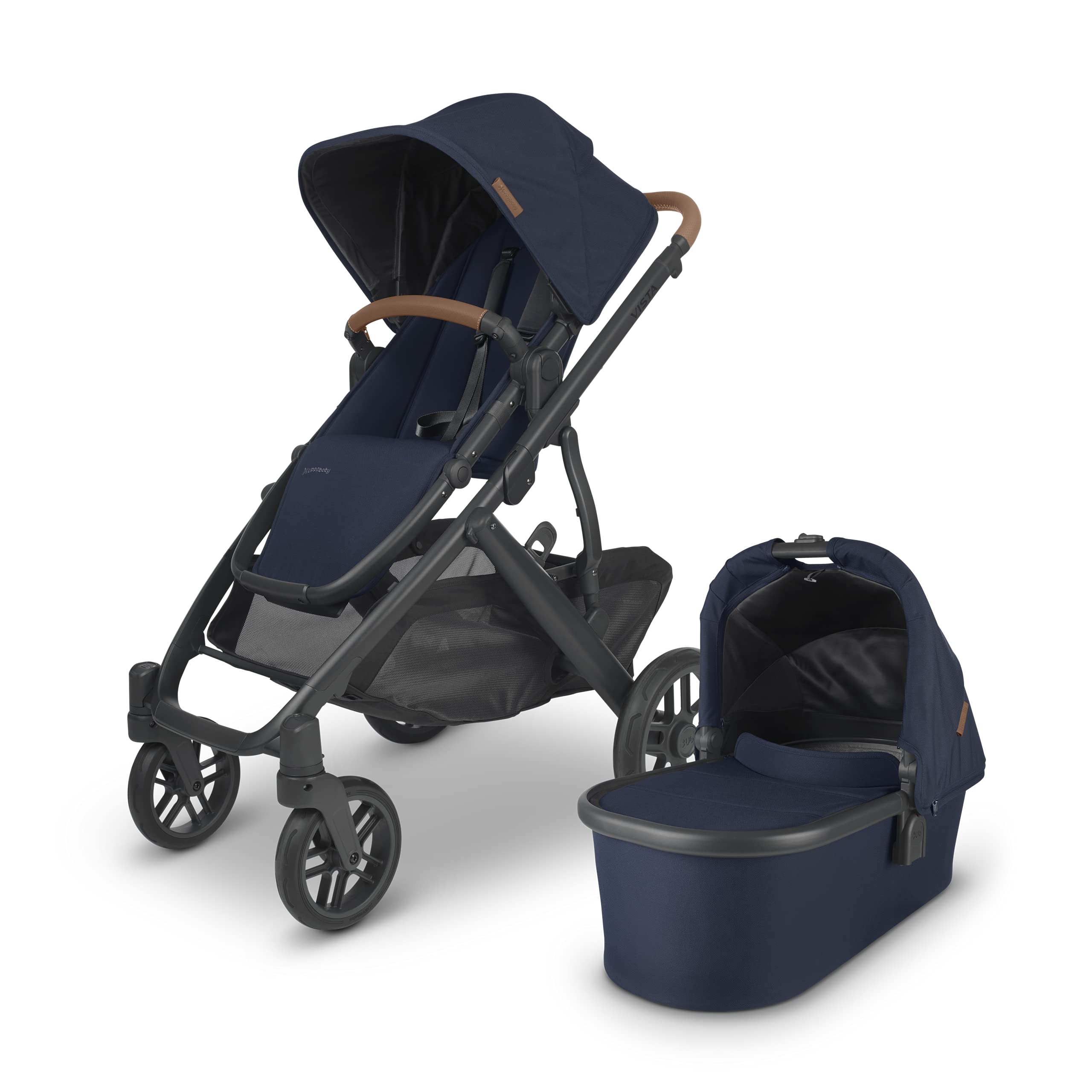 UPPAbaby Vista V2 Stroller - Convertible Single to Double Stroller System with Bassinet, Toddler Seat, Bug Shield, Rain Cover & Storage Bag | Navy/Carbon Frame/Saddle Leather | Perfect for Newborns, Twins & City Living