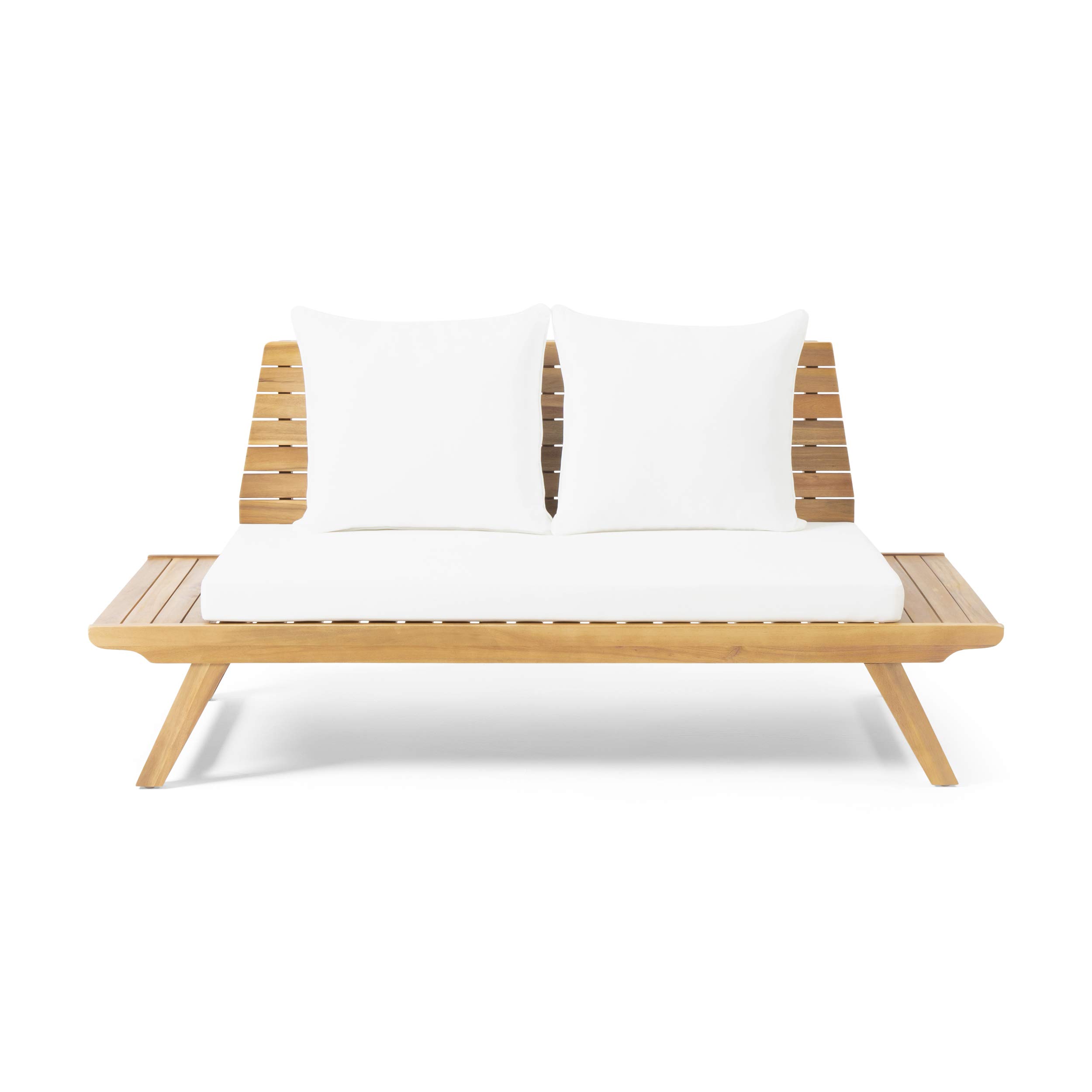 GDFStudio Outdoor 2-Seater Acacia Wood Loveseat with Coffee Table Set - Teak & White Patio Furniture for Garden, Deck, or Poolside Relaxation