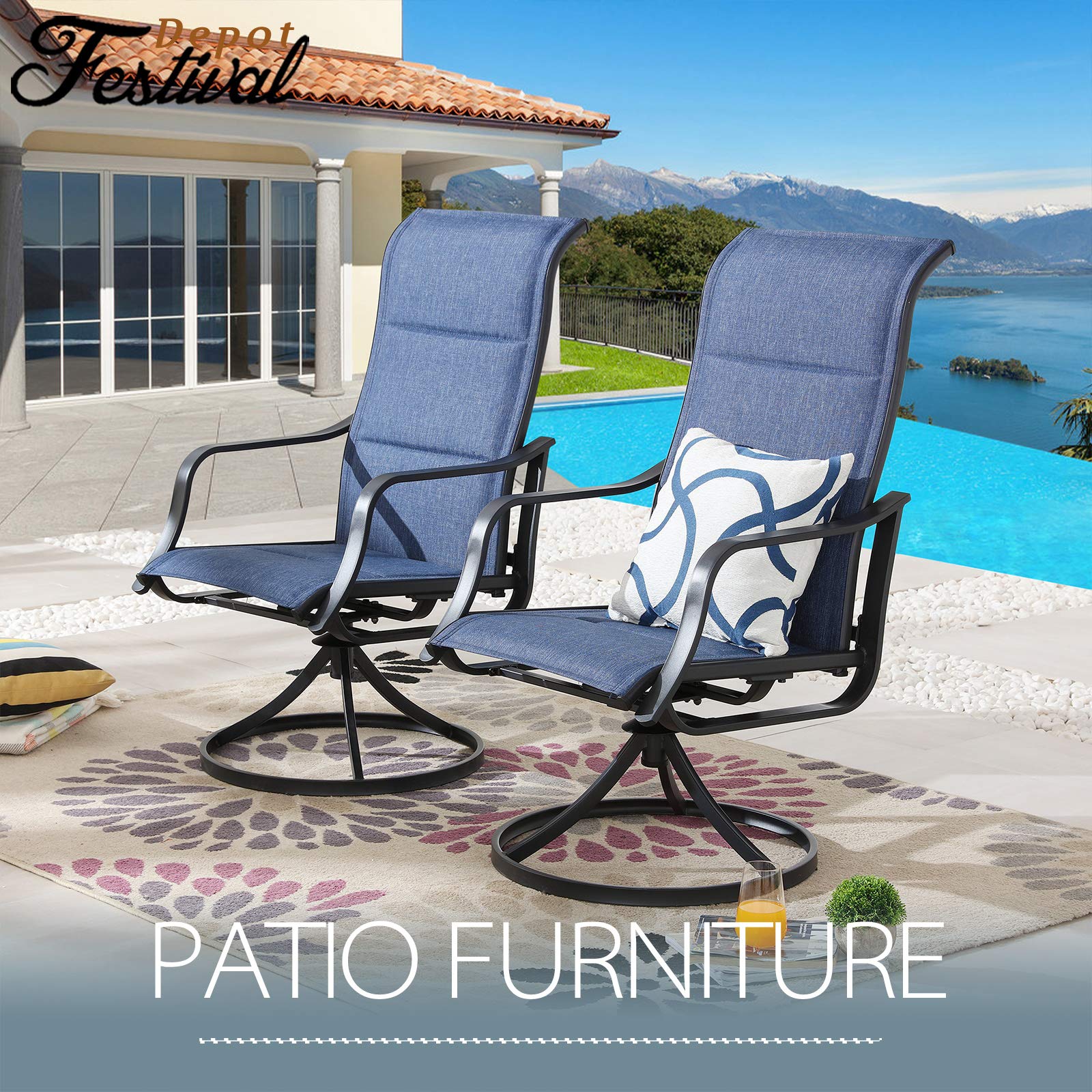 2-Piece Patio Dining Set - Swivel Chairs with Textilene Fabric & Metal Frame - Outdoor Furniture for Bistro, Deck, Poolside (Blue) - Perfect for Backyard Relaxation & Entertaining