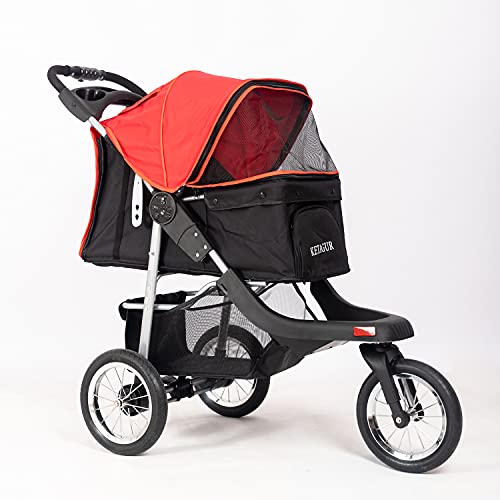 KETAGUR 3-Wheel Foldable Pet Stroller for Small & Medium Dogs & Cats - Lightweight Travel Carrier with Storage Basket, Red | Perfect for Outdoor Walks, Vet Visits & Shopping Trips