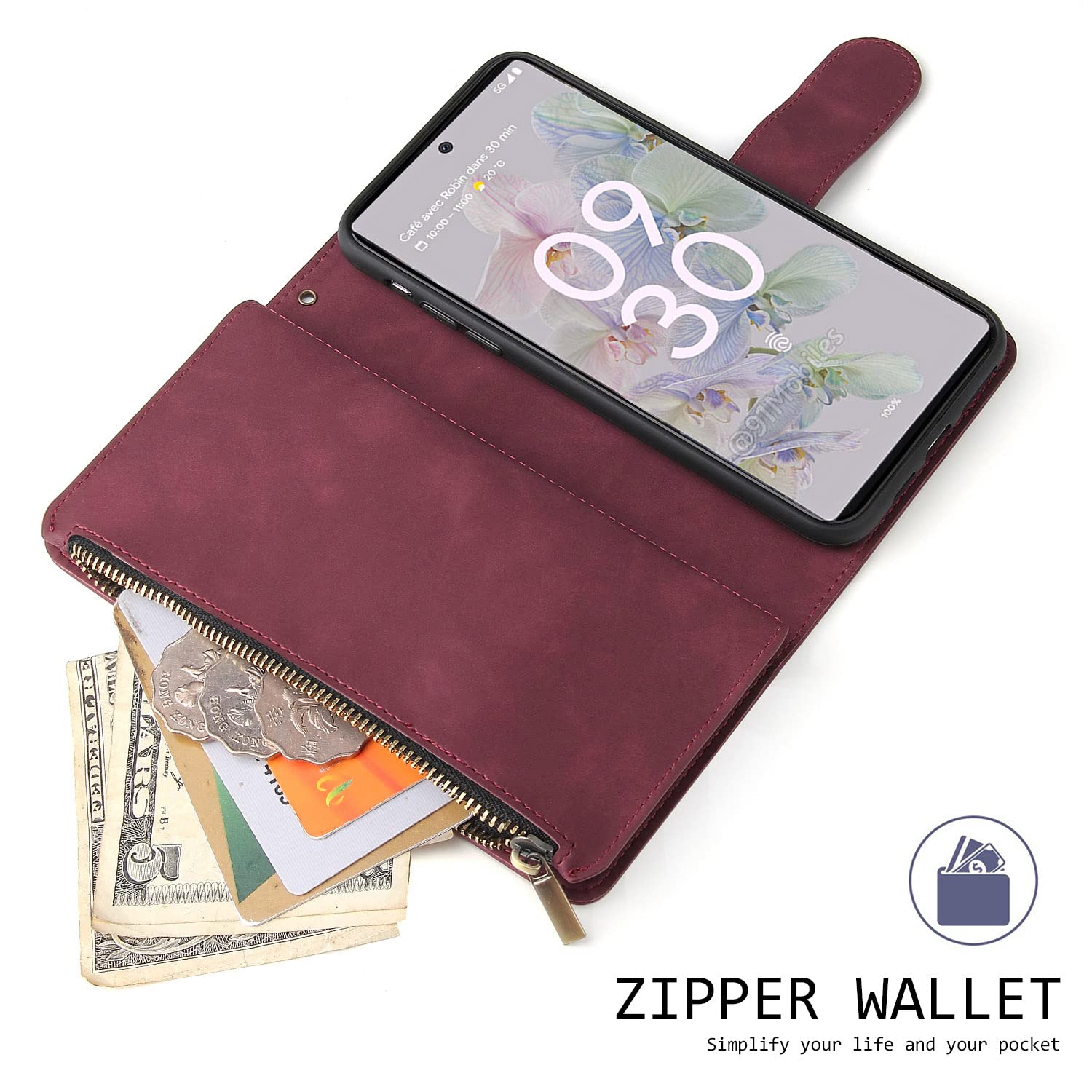 Google Pixel 6A Magnetic Leather Wallet Case - Flip Cover with 6 Card Slots, Hand Strap & Zipper Pocket | Shockproof Stand Case for Women & Men | Perfect for Work, Travel & Daily Use (Red)