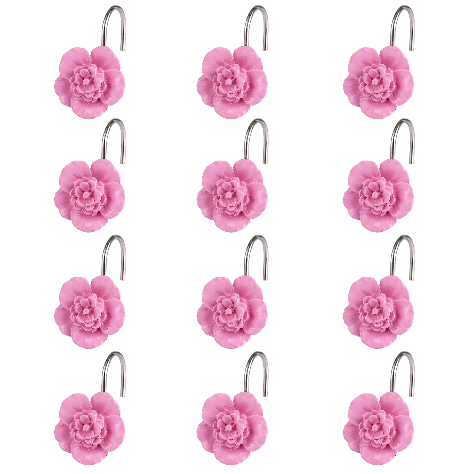Twofish Home Pink Flower Design Shower Curtain Hooks - Set of 12 Decorative Bathroom Accessories for Shower, Bathtub, and Window Curtains