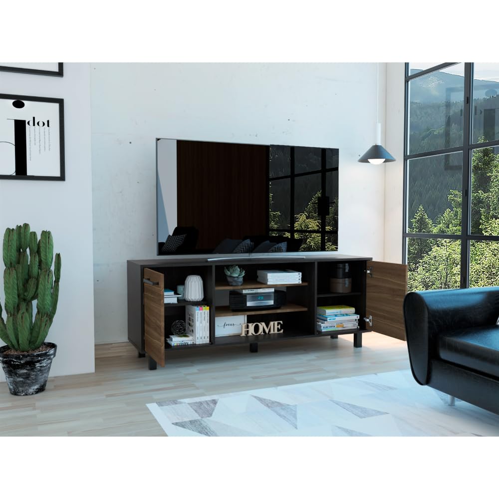 Tuhome Kaia TV Stand for TVs up to 55 Inches with 4 Shelves and 3 Drawers - Black/Pine Wood - Perfect for Living Room, Bedroom, or Home Theater Setup