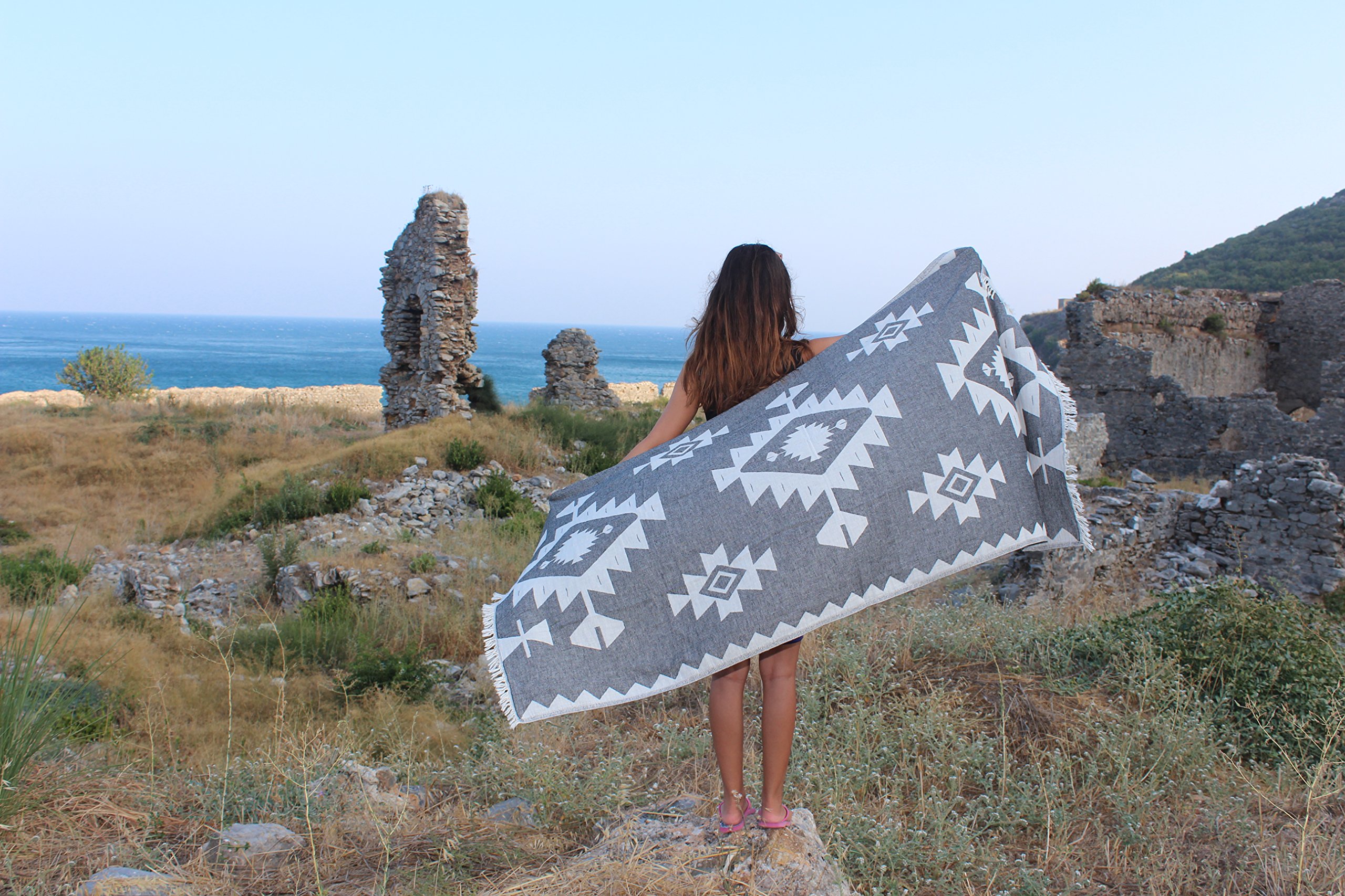 Bersuse 100% Cotton Palenque Turkish Towel - Ultra Absorbent & Quick Dry Beach Towel, Bath Towel, Peshtemal - 37x70 Inches (Set of 3, Black) - Perfect for Pool, Spa, Travel & Yoga