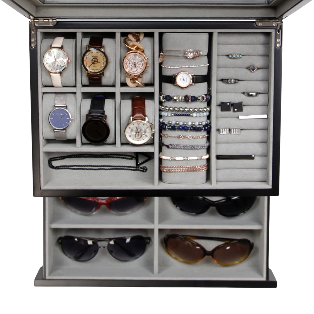 Premium Unisex Black Wooden Valet Tray - Sunglasses & Jewelry Organizer Box for Dresser, Nightstand, and Entryway Storage
