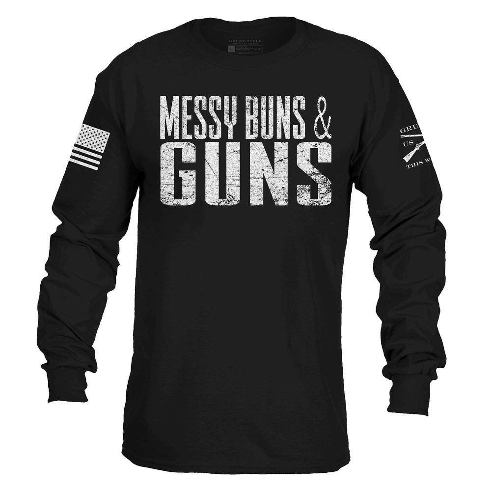 Women's Messy Buns & Guns Long Sleeve T-Shirt - Black | Gym Workout & Casual Wear