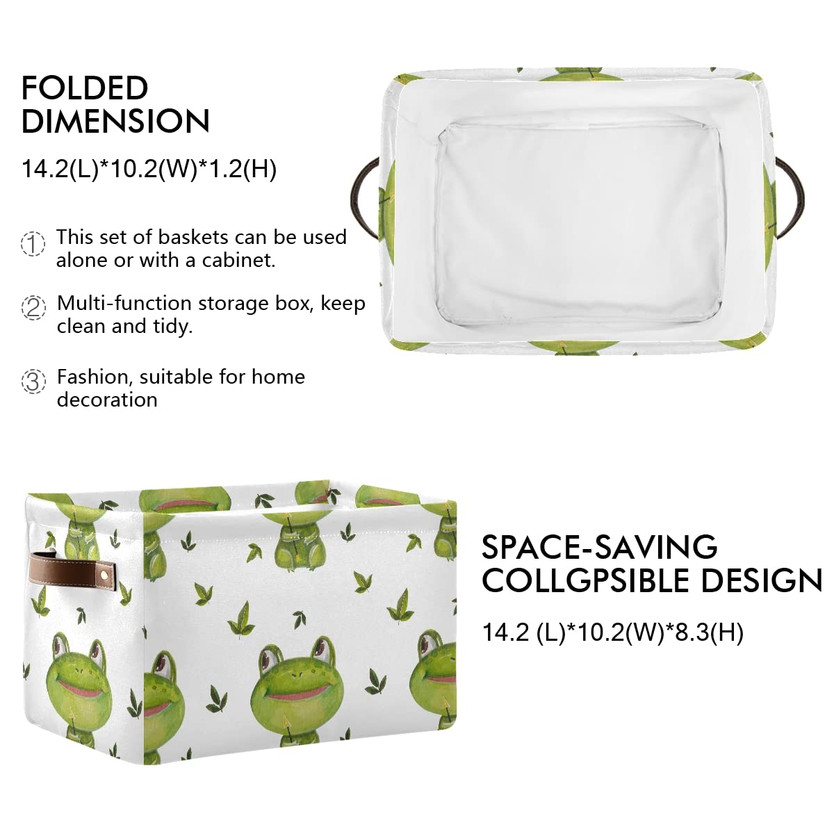 Foldable Fabric Storage Bins with Frog & Green Leaves Print - Large Capacity Closet Organizers with Reinforced Handles (2-Pack) | Space-Saving Storage Solution for Toys, Blankets & Seasonal Items | Perfect for Bedroom, Closet & Kids Room Organization | Ideal for Home, Nursery & Playroom Storage | Great for Organizing Baby Clothes, Books & Toys in Playrooms