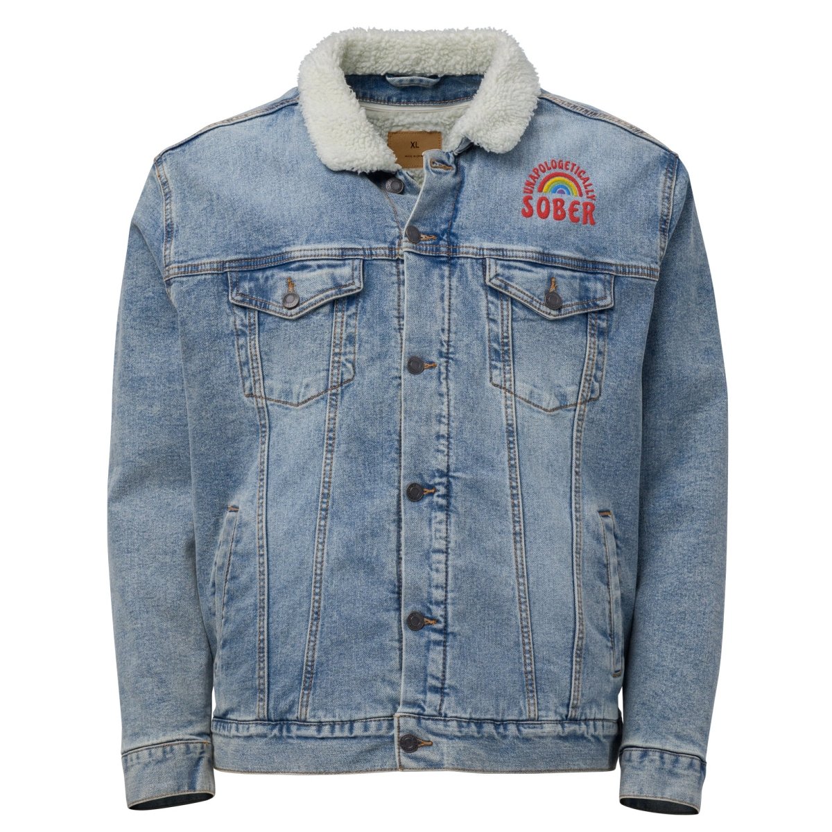 Unisex Sherpa Denim Jacket with Embroidered 'Unapologetically Sober' Design - Cozy Winter Fashion for Sober Living & Recovery Support