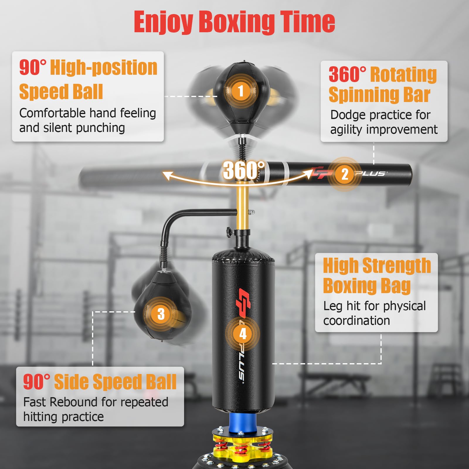 Goplus Freestanding Boxing Speed Trainer - 360° Spinning Punching Bag with 2 Reflex Speed Balls, Shock Absorbers & Fillable Base | Height Adjustable Boxing Equipment for Teens & Adults | Perfect for Home Gym, Boxing Training & Fitness Workouts