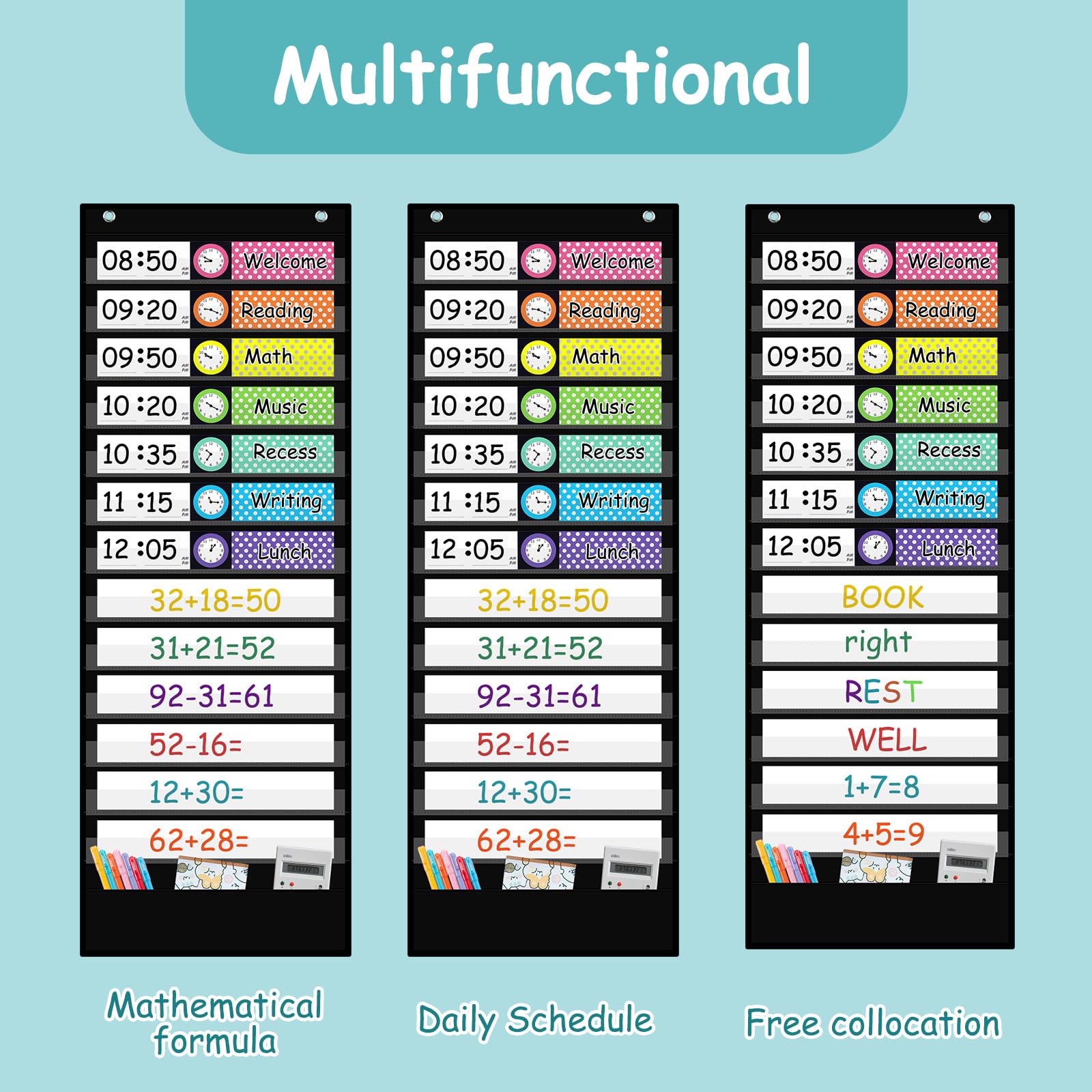 13-Pocket Schedule Chart with Cards & Hooks for Classroom, Home, Office