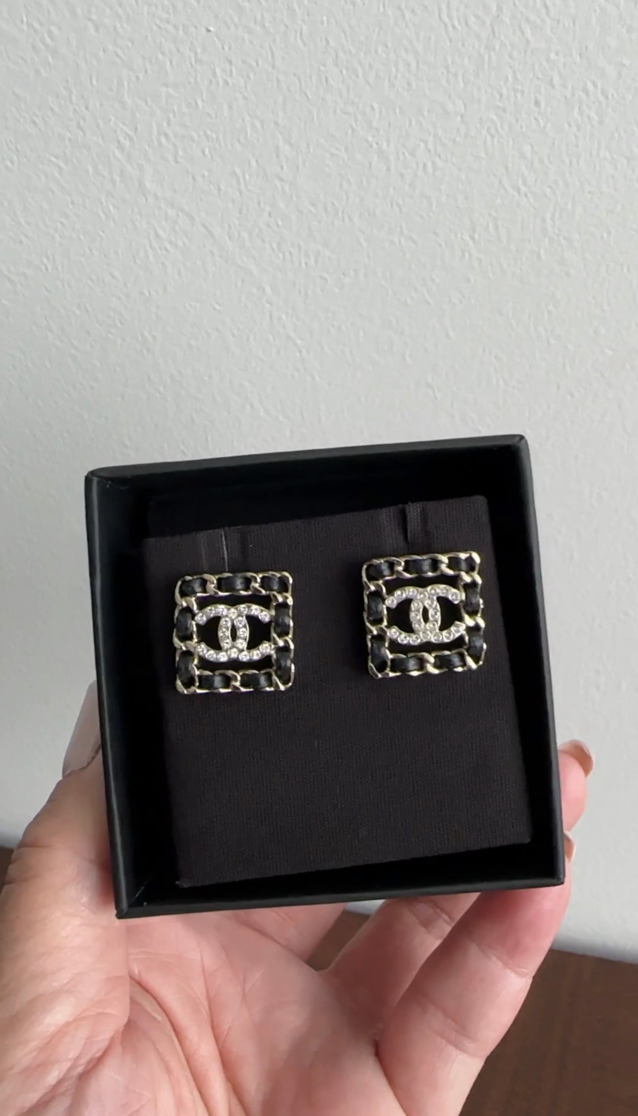 Chanel 21B Light Gold Square Leather Braid CC Crystal Earrings for Women - Luxury Fashion Jewelry Gift for Party, Wedding & Special Occasions
