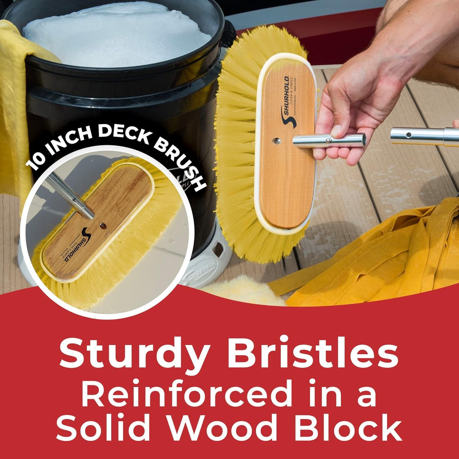 Shurhold 980 10 Inch Soft Bristle Deck Brush with Yellow Polystyrene Bristles - Boat, RV & Marine Cleaning Brush for Non-Slip Surfaces