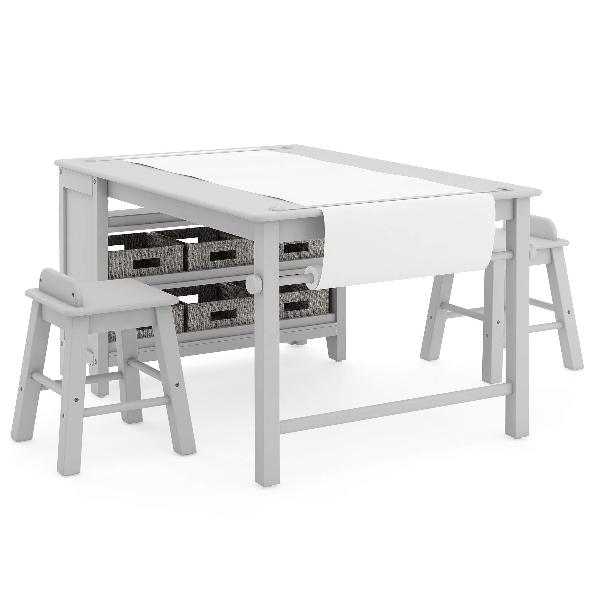 Martha Stewart Kids' Art Table and Chairs Set - Wooden Play Table for Arts & Crafts, Coloring Desk with Storage Bins & Paper Roll | Perfect for Playrooms, Homeschooling & Creative Activities | Gray