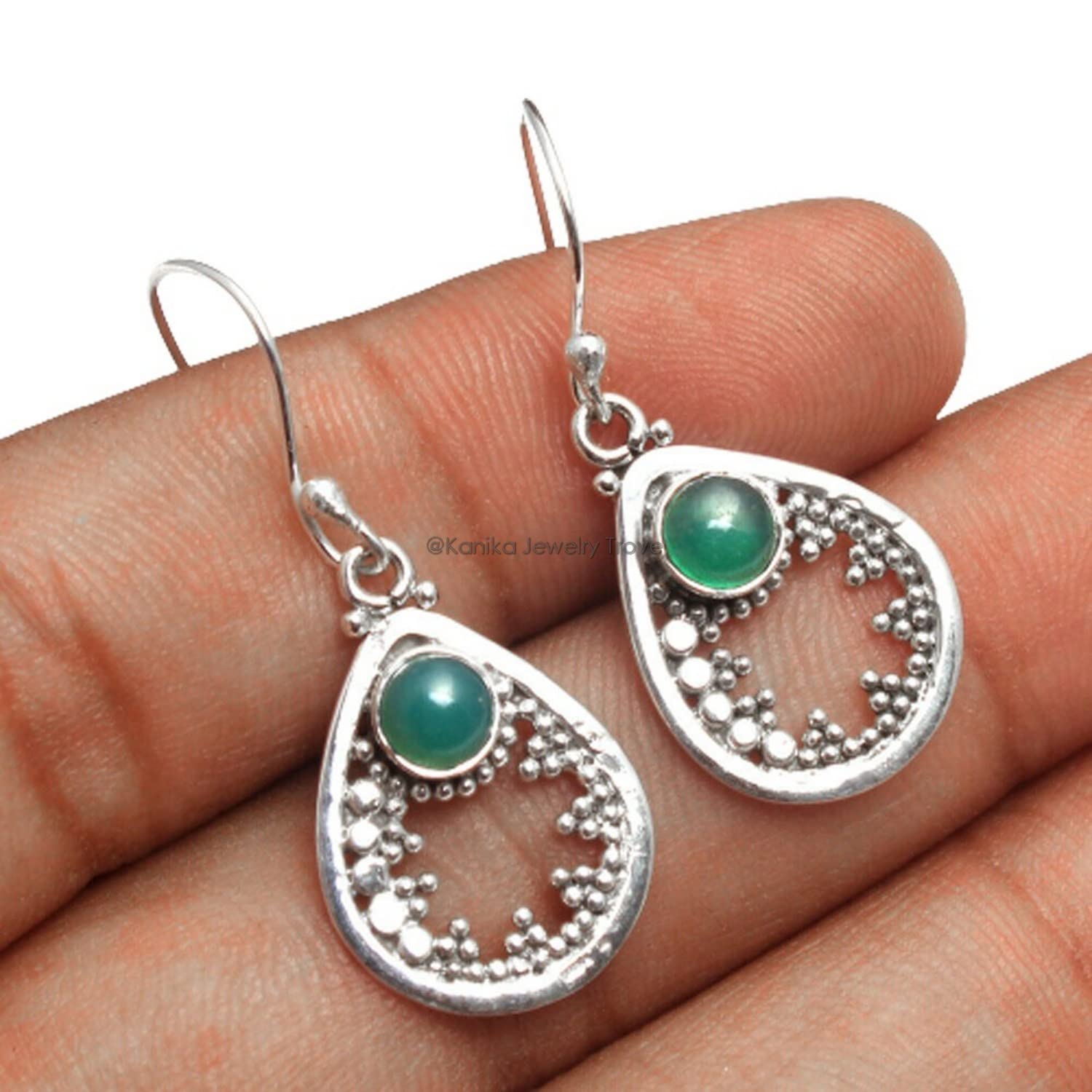 Natural Green Onyx Gemstone Sterling Silver Drop Earrings for Women - Bezel Set Dangle Earrings with Ear Wires - Elegant Bridesmaid Jewelry & Christmas Gift for Her - Perfect for Weddings, Parties & Special Occasions