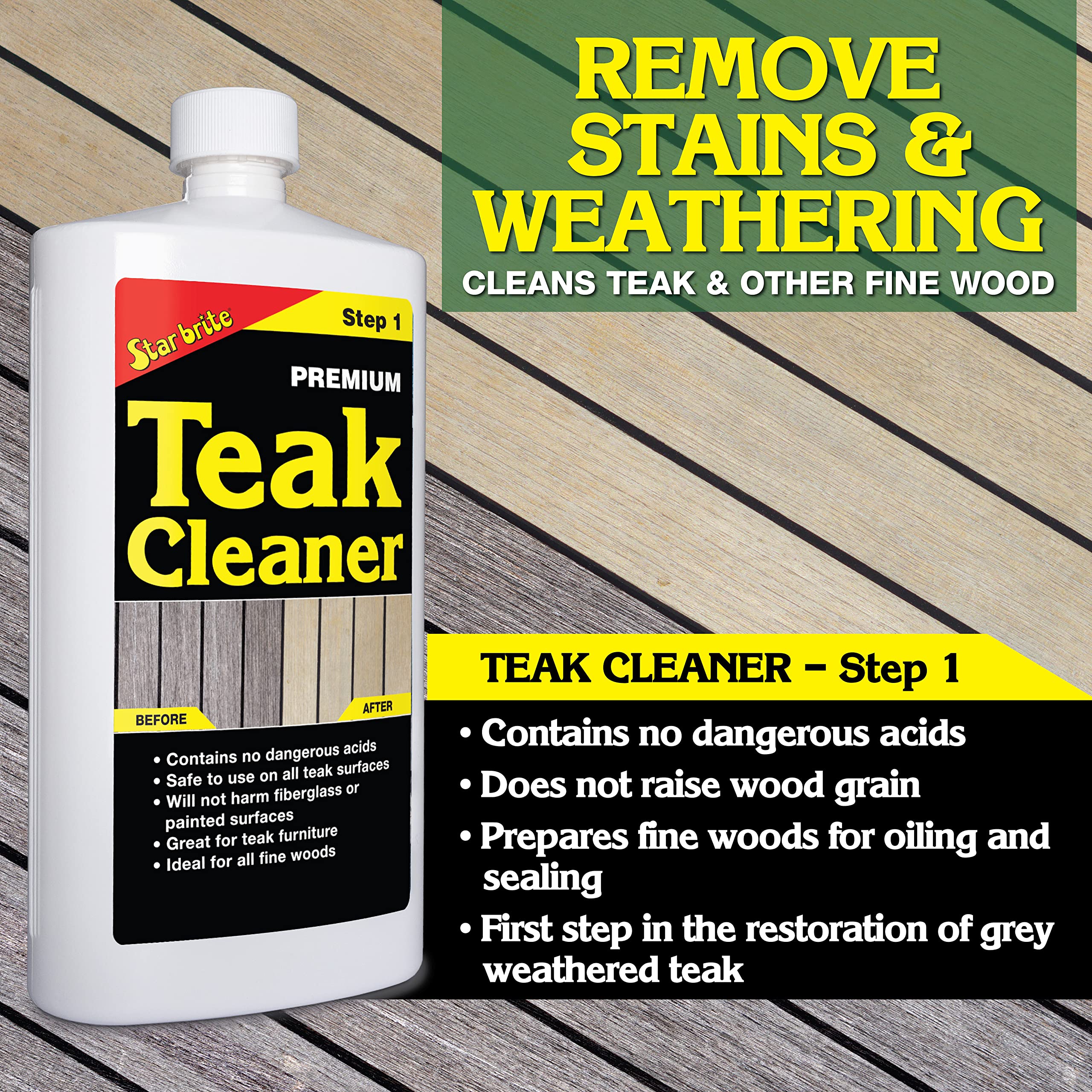 Premium Outdoor Teak Cleaner & Restorer - Renew Weathered Gray Teak & Fine Woods - No Sanding Needed - Teak Oil & Sealer Compatible - 32 oz (081432) - Perfect for Outdoor Furniture, Decks & Boat Teak Maintenance