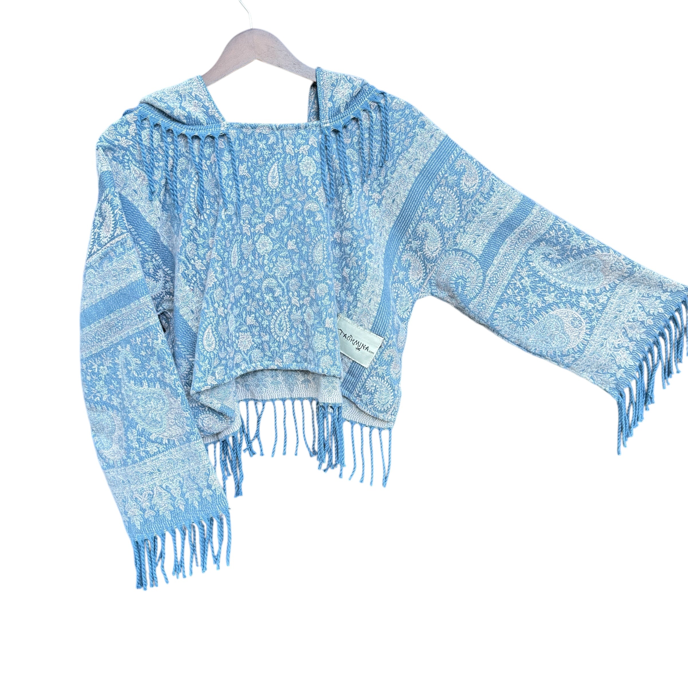 Soft Plush Pashmina Long Sleeve Crop Top - Blue Snowflake Print | Cozy Winter Fashion for Casual Outings & Holiday Parties