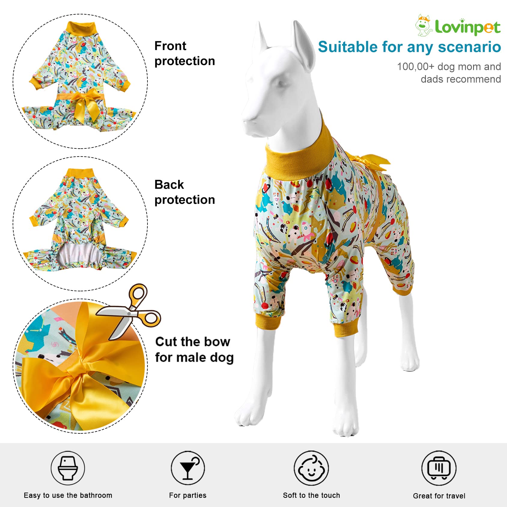 LovinPet Large Dog Pajamas - Mint Outer Space Print Onesie for Wound Care & Post-Surgery Recovery | UV Protection Anxiety Relief Shirt for Dogs | Comfortable Pet PJs in Yellow | Perfect for Post-Op Care, Anxiety Relief & Indoor Lounging
