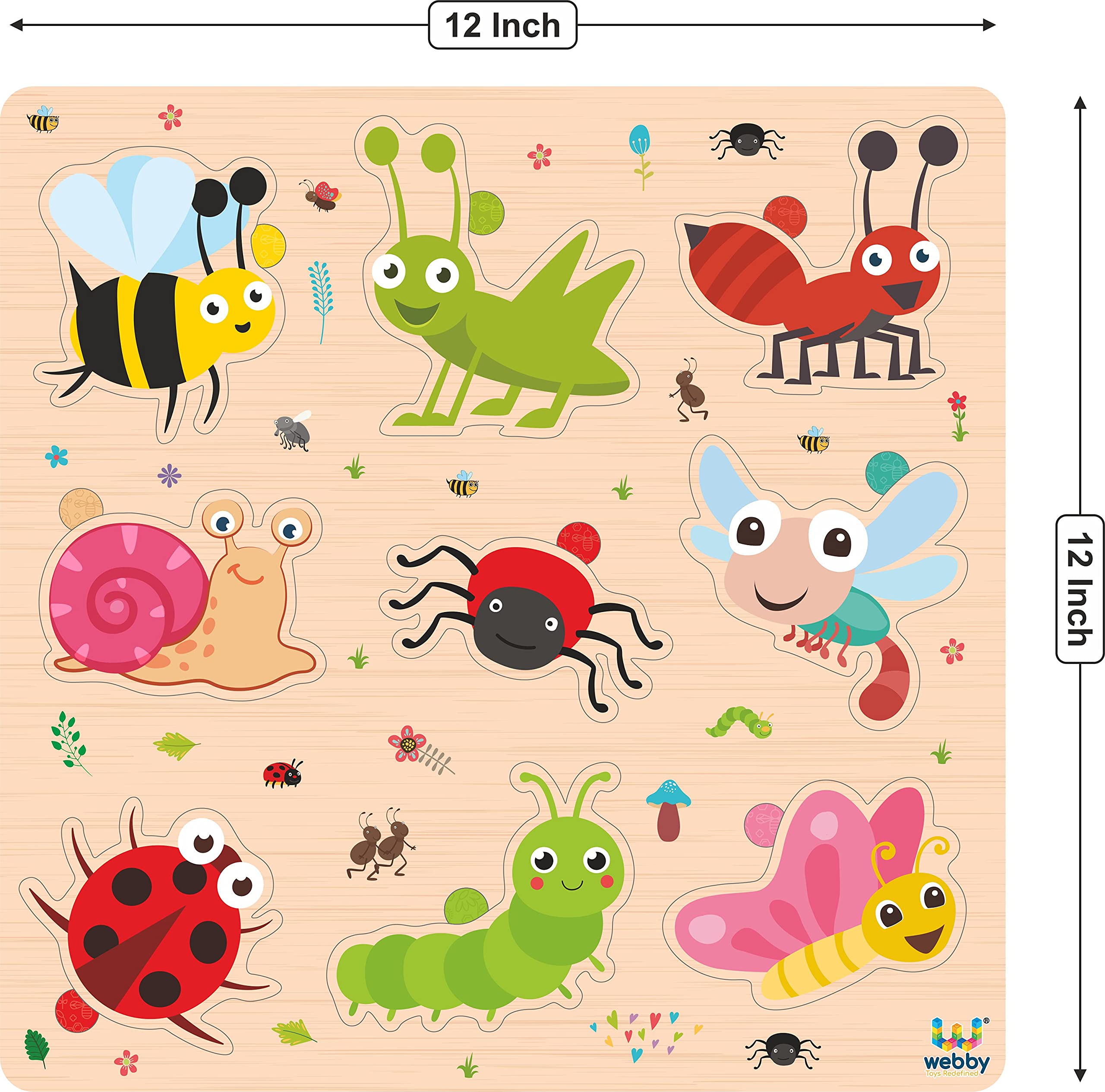 Webby Wooden Insects Montessori Educational Puzzle Board Toy for Kids - Preschool Learning & Fine Motor Skills Development - Perfect for Homeschooling & Classroom Activities