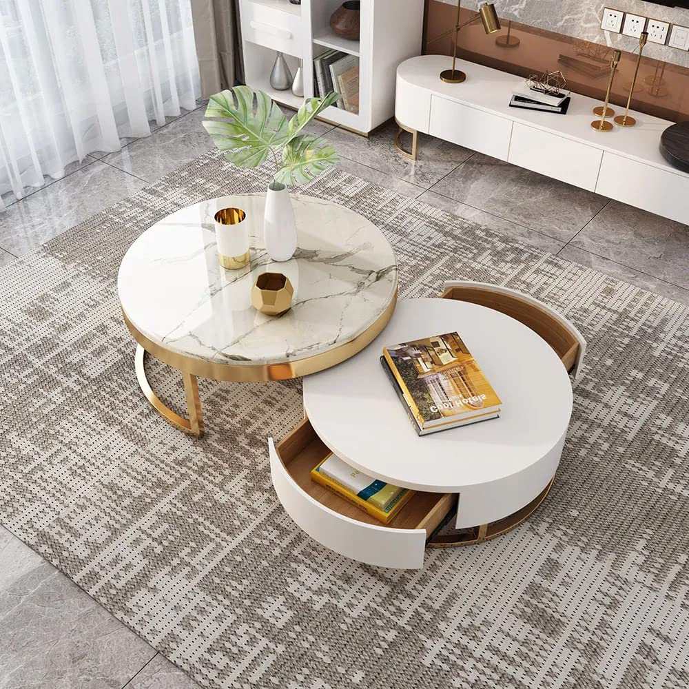 White Round Coffee Table with Storage - Faux Marble Nesting End Table with Rotatable Drawers for Living Room, Bedroom & Office - Modern Home Decor Furniture