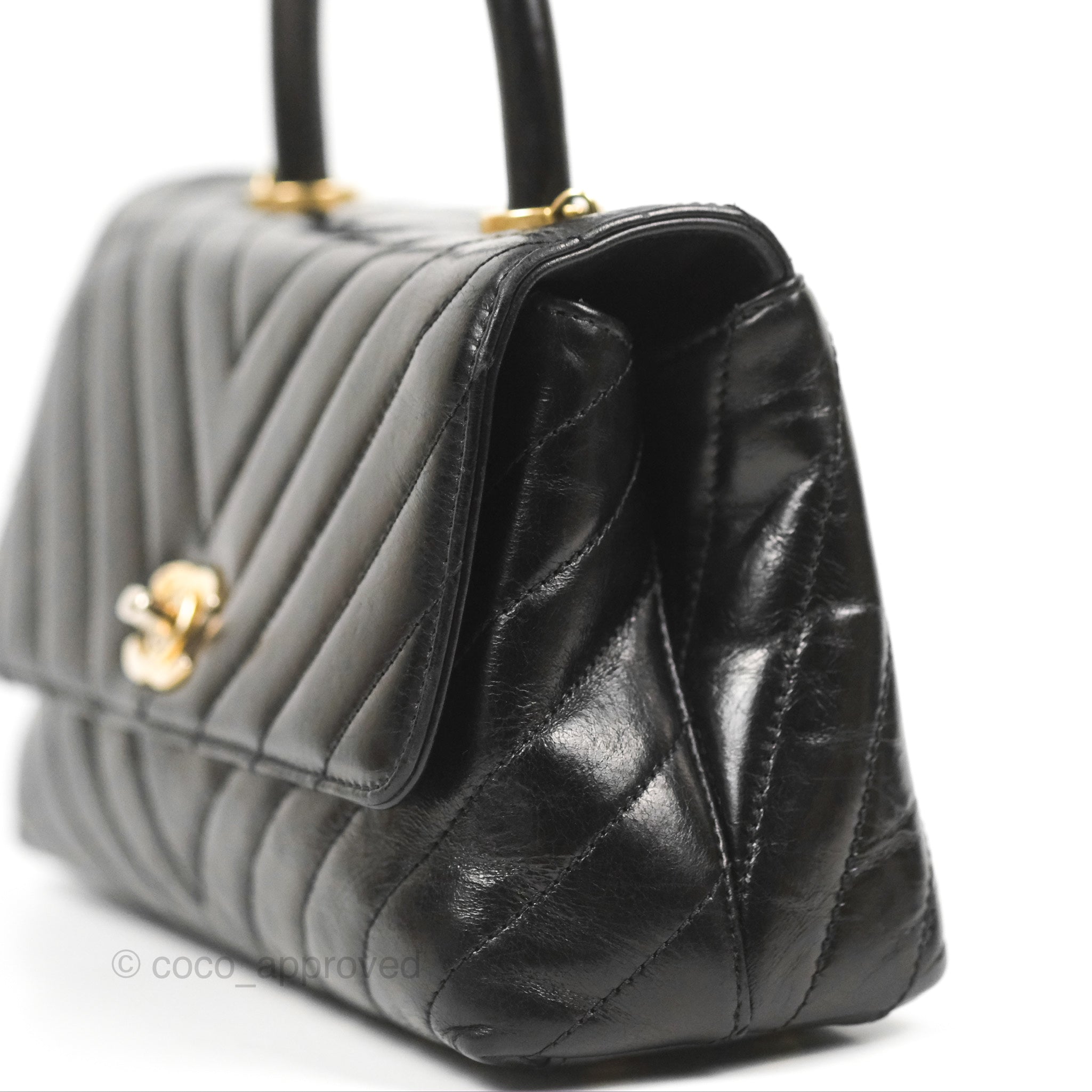 Chanel Chevron Small Coco Handle Bag - Black Shiny Aged Calfskin with Aged Gold Hardware | Luxury Crossbody Purse for Women, Perfect for Evening Parties & Date Nights