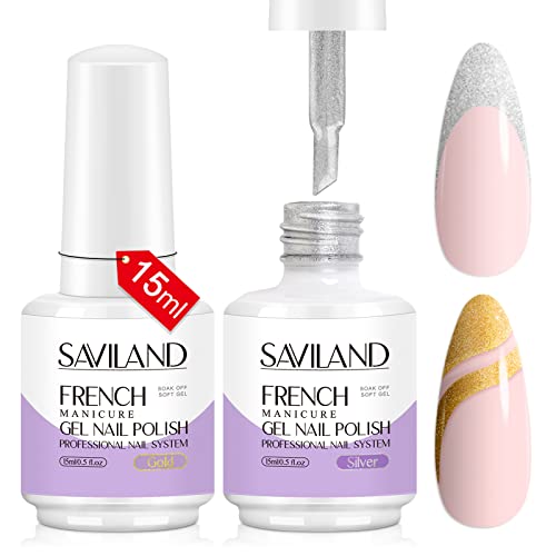 Saviland 2PCS French Gel Nail Polish Set - 15ML Gold & Silver Soak Off UV LED Gel Polish for DIY Nail Art | French Manicure Kit for Beginners & Professionals | Perfect for Home Use & Nail Salon Services