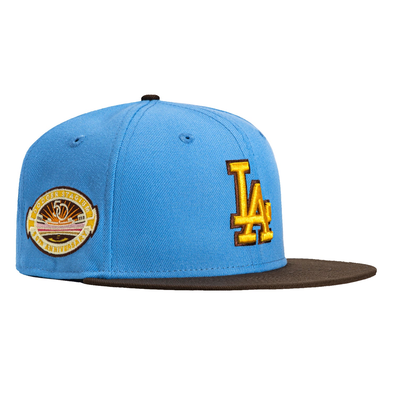 New Era 59Fifty Los Angeles Dodgers 50th Anniversary Patch Snapback Hat - Light Blue, Brown & Gold - Perfect for Baseball Games, Sports Events & Casual Wear