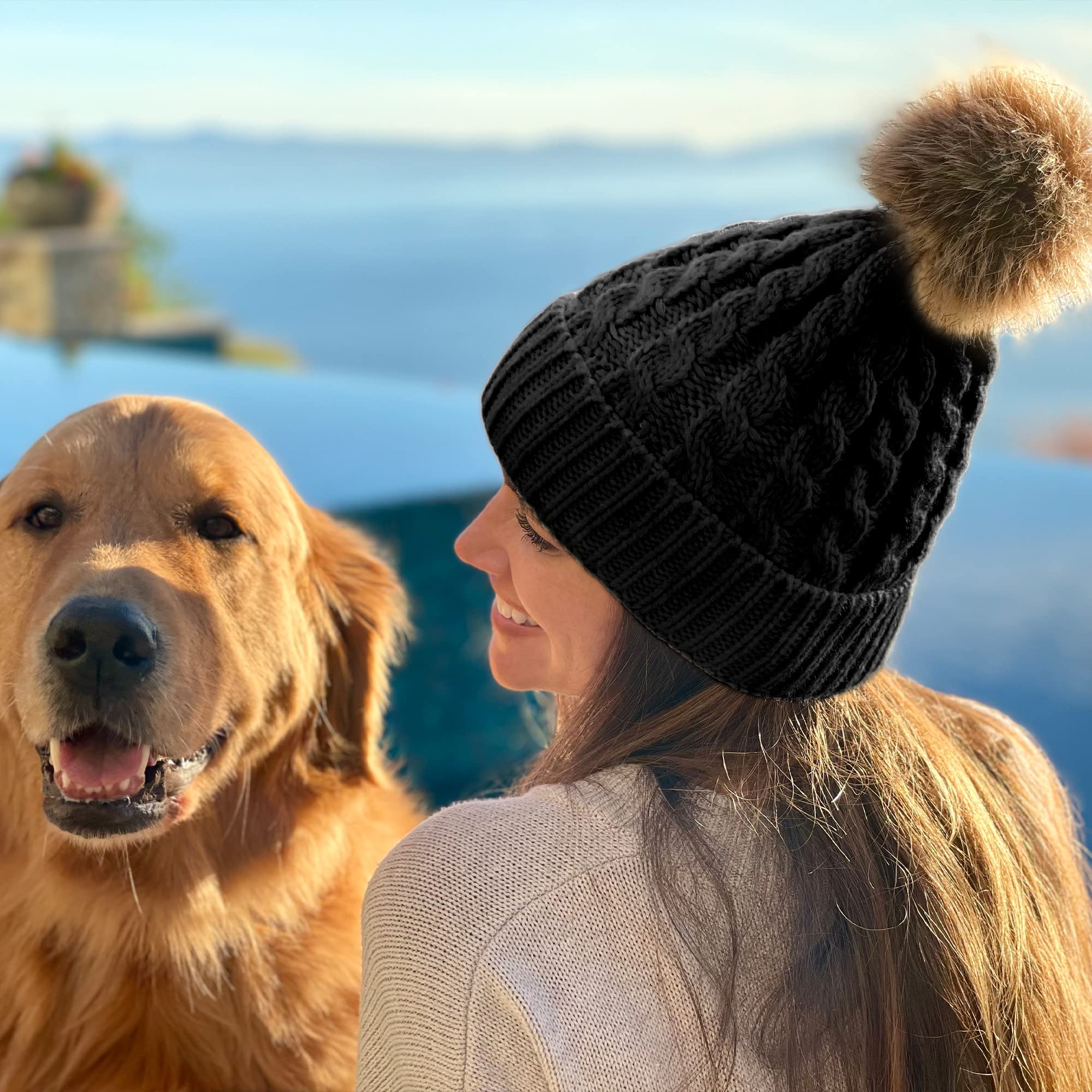 Women's Winter Beanie Hats - Hand Knit Faux Fur Pom Pom Hats for Women - Soft Warm Knitted Caps for Cold Weather, Outdoor Activities & Fashion Accessories
