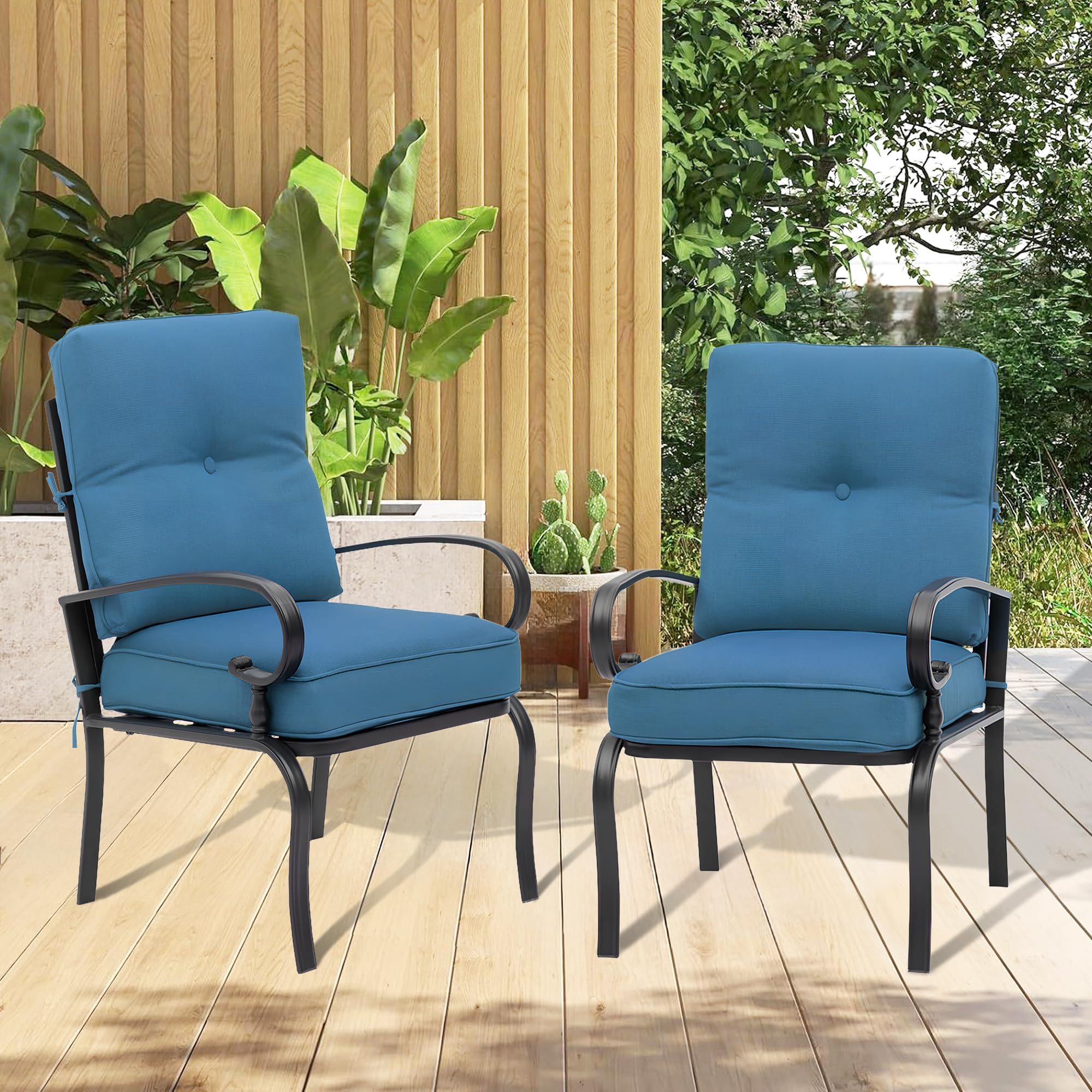 2 Pcs Patio Dining Chairs Bistro Set - Wrought Iron Outdoor Furniture with Blue Cushions, All-Weather Garden Seating for Backyard, Balcony or Poolside Relaxation