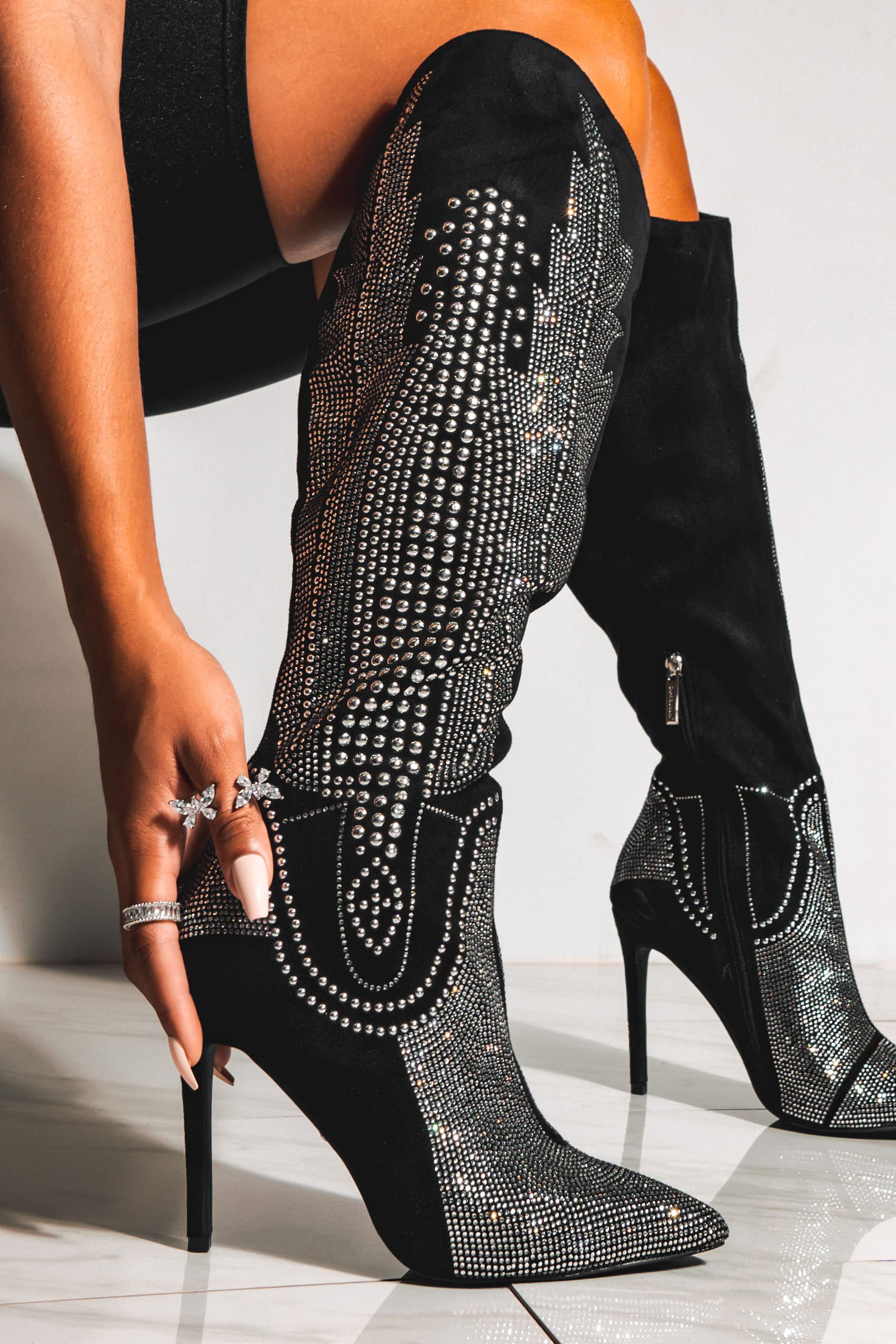 Cape Robbin Women's Rhinestone Western Cowboy Boots - Knee-High Wide Calf Stiletto Heel Dress Boots for Country Dancing & Night Out (Olkley)