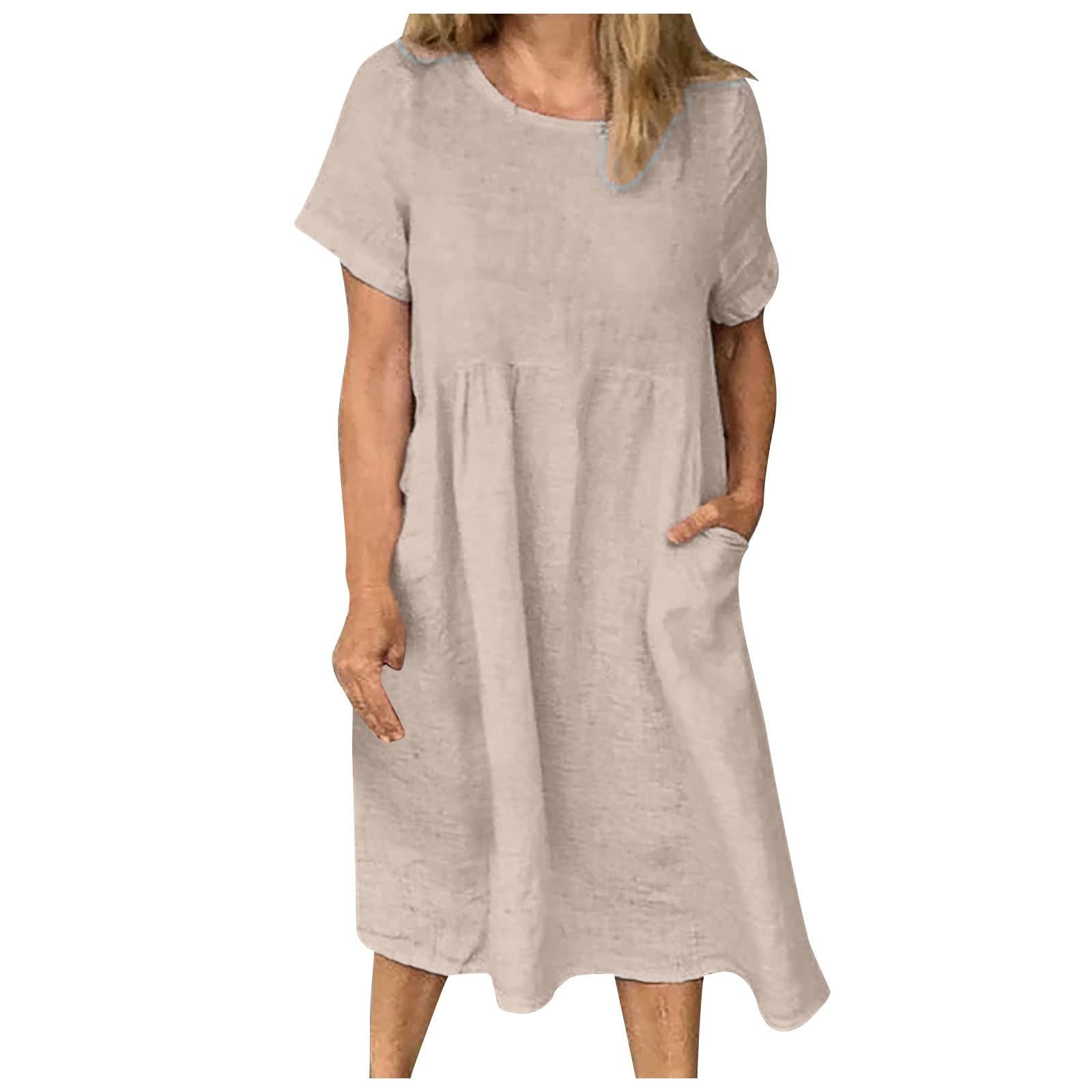 Women's Short Sleeve T-Shirt Dress - Summer Maxi Cotton Linen Kaftan Dress with Pockets | Casual Loose Fit Beach Cover Up, Vacation Outfit & Everyday Wear