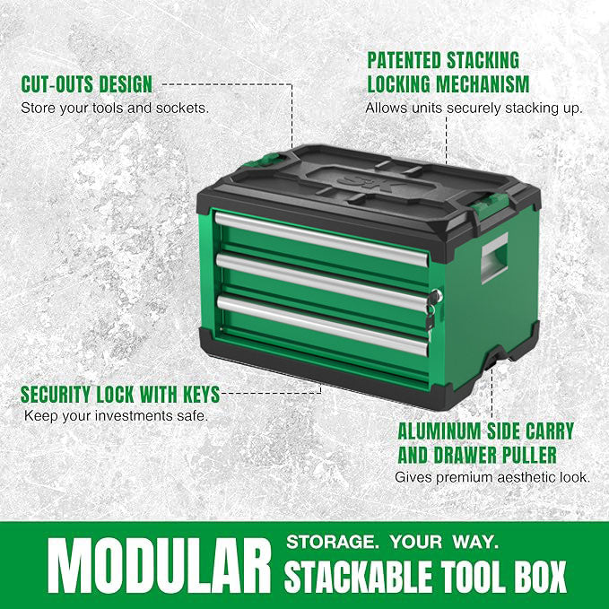 Modular Stackable Storage Tool Box - 3 Drawer Steel Tool Organizer for Garage, Workshop & Home DIY Projects | Heavy Duty Metal Tool Chest for Tools, Hardware & Accessories