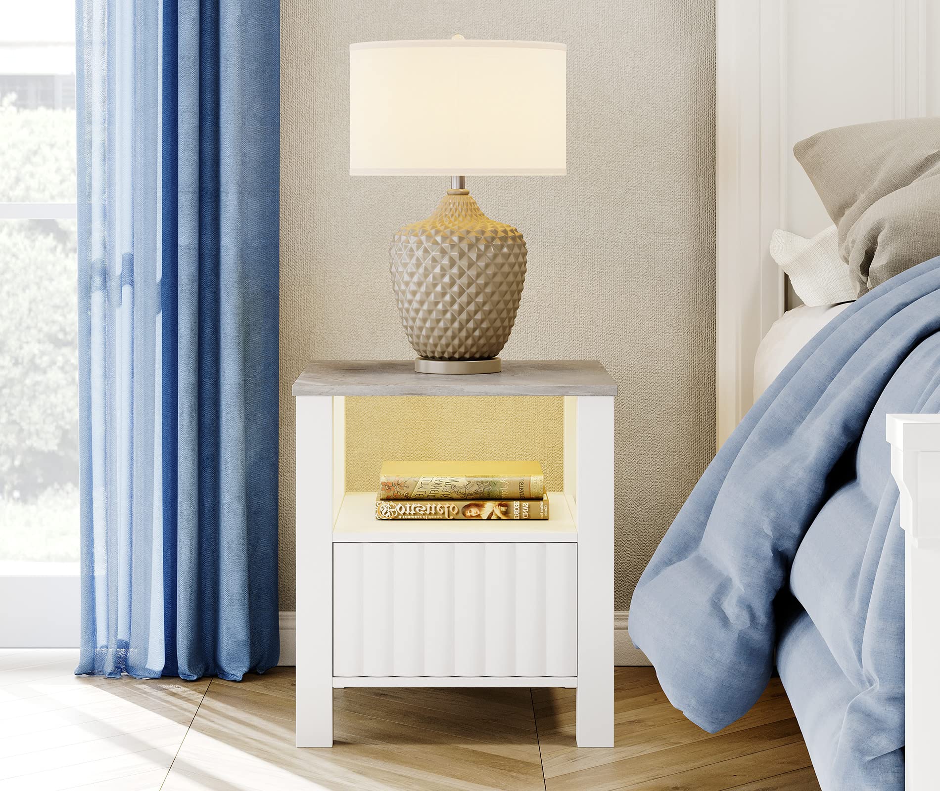WAMPAT White End Table with Storage Cabinet & Open Shelf, Wood Nightstand with Faux Marble Tabletop & LED Light - Perfect for Living Room, Bedroom & Small Spaces (White/Grey) | Modern Side Table for Home Decor, Apartment Essentials & Cozy Lighting