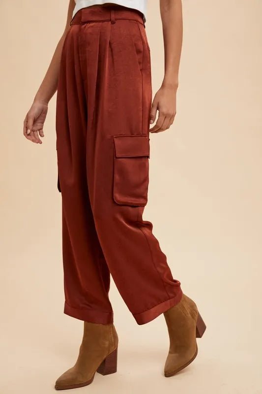 Annie Wear Women's Wide Leg Cargo Satin Pants - High Waisted Fashion Trousers for Casual & Work Outfits | Comfortable Stretch Fabric for Everyday Wear