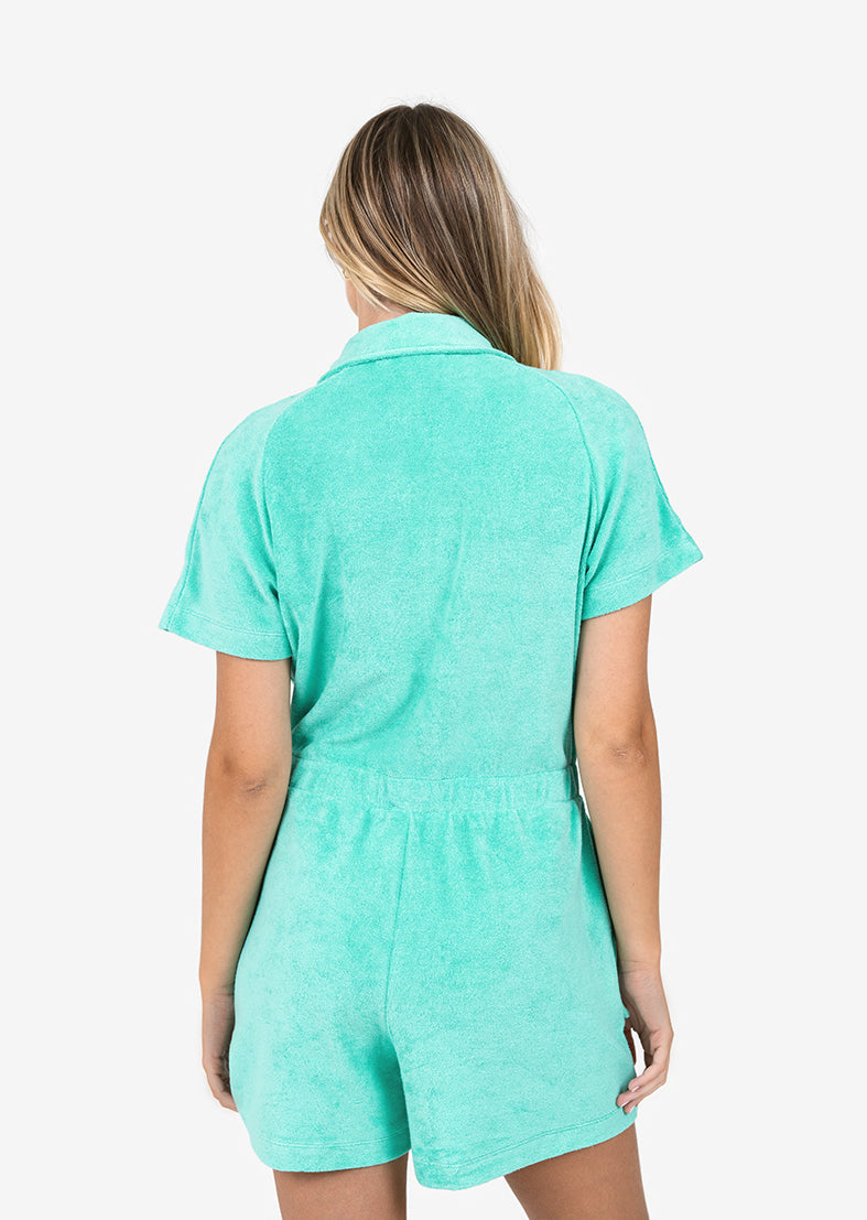 Club LC Terry Drawcord Romper Mint Green - Soft Cotton Jumpsuit for Women | Lounge Wear, Sleepwear & Casual Outfit for Home, Travel & Relaxation