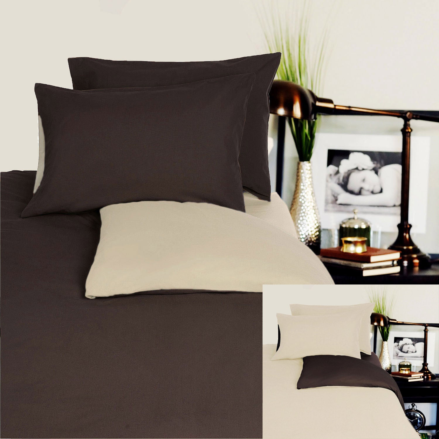 Reversible 100% Cotton Jersey Quilt Cover Set - Chocolate & Linen Colors - Queen Size for Hotel Luxury Bedding | Perfect for Master Bedroom, Guest Room & Airbnb Styling