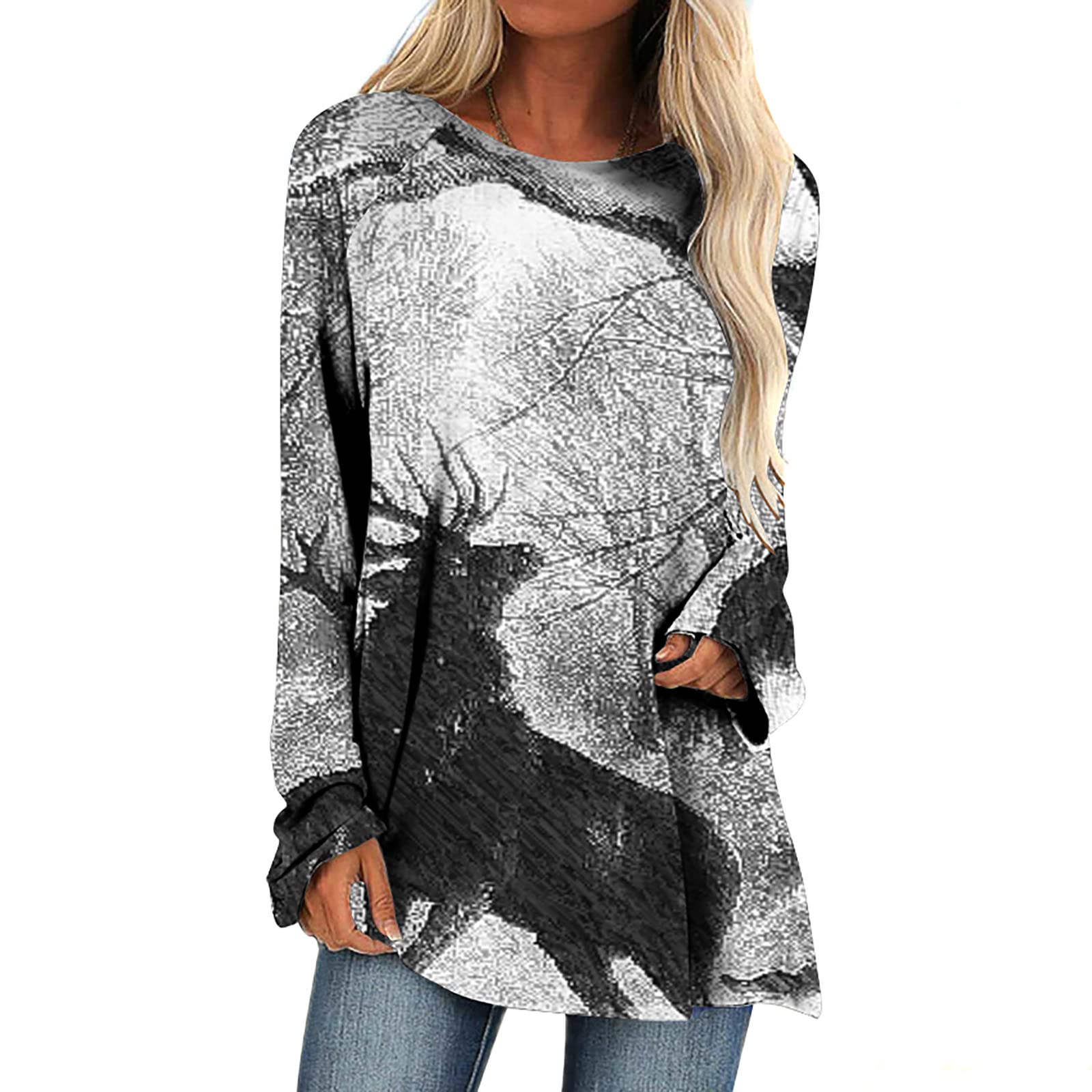 Stylish Halloween Print Women's Long Sleeve Crewneck Pullover T-Shirts - Casual Fall Fashion Tees for Everyday Wear & Holiday Parties