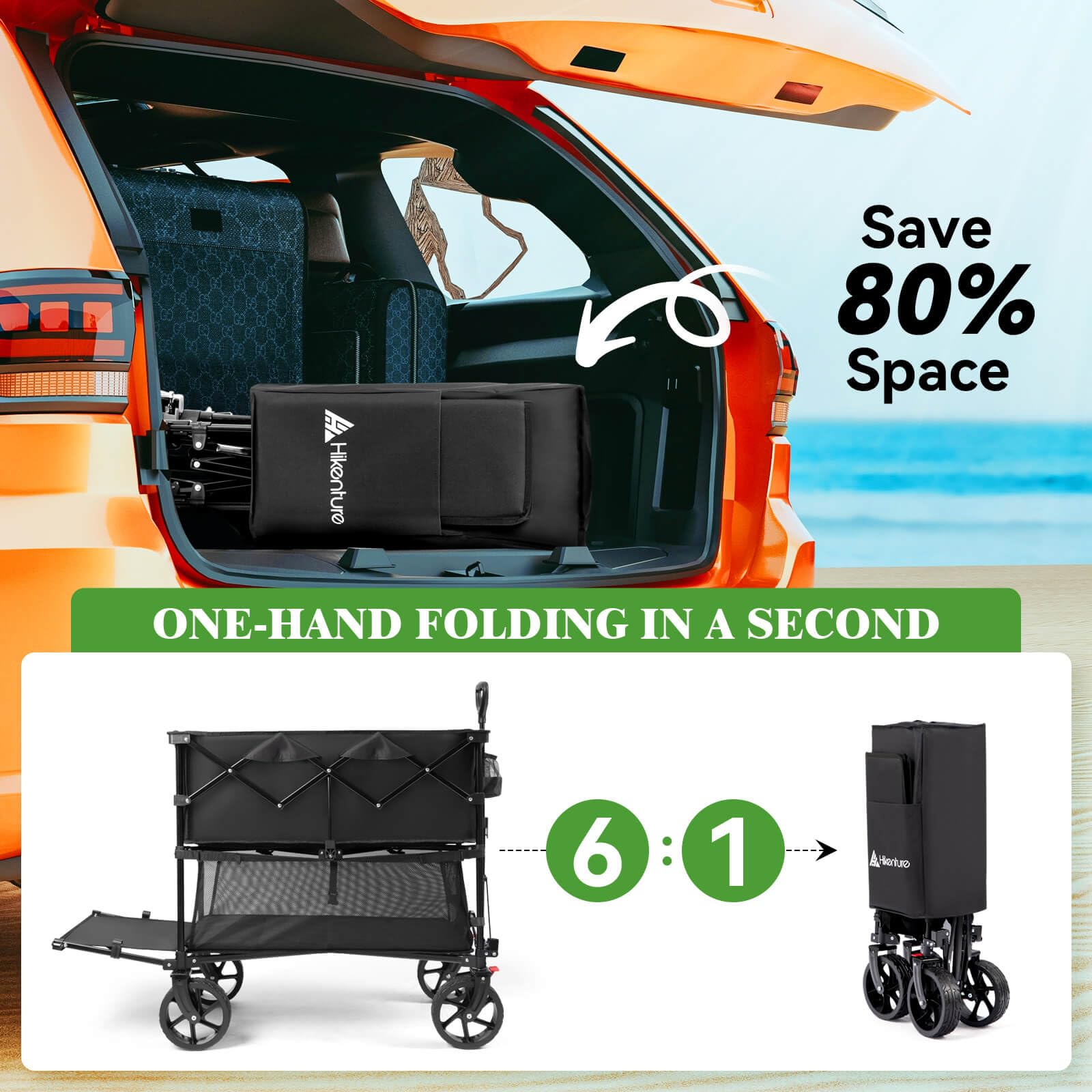 Hikenture 400L Extra Large Double Decker Beach Wagon with Big Wheels - Heavy Duty 500LBS Capacity Collapsible Utility Cart with Tailgate - Foldable for Beach, Sports, Camping, Picnics & Outdoor Adventures