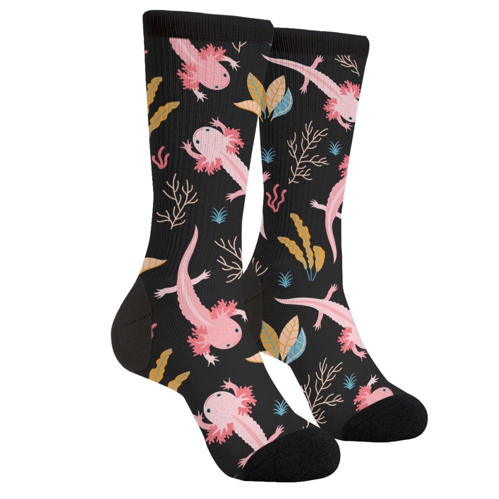 Funny Axolotl Print Crew Socks for Men & Women - Cute Salamander Dress Socks for Casual Wear, Cosplay & Gifts