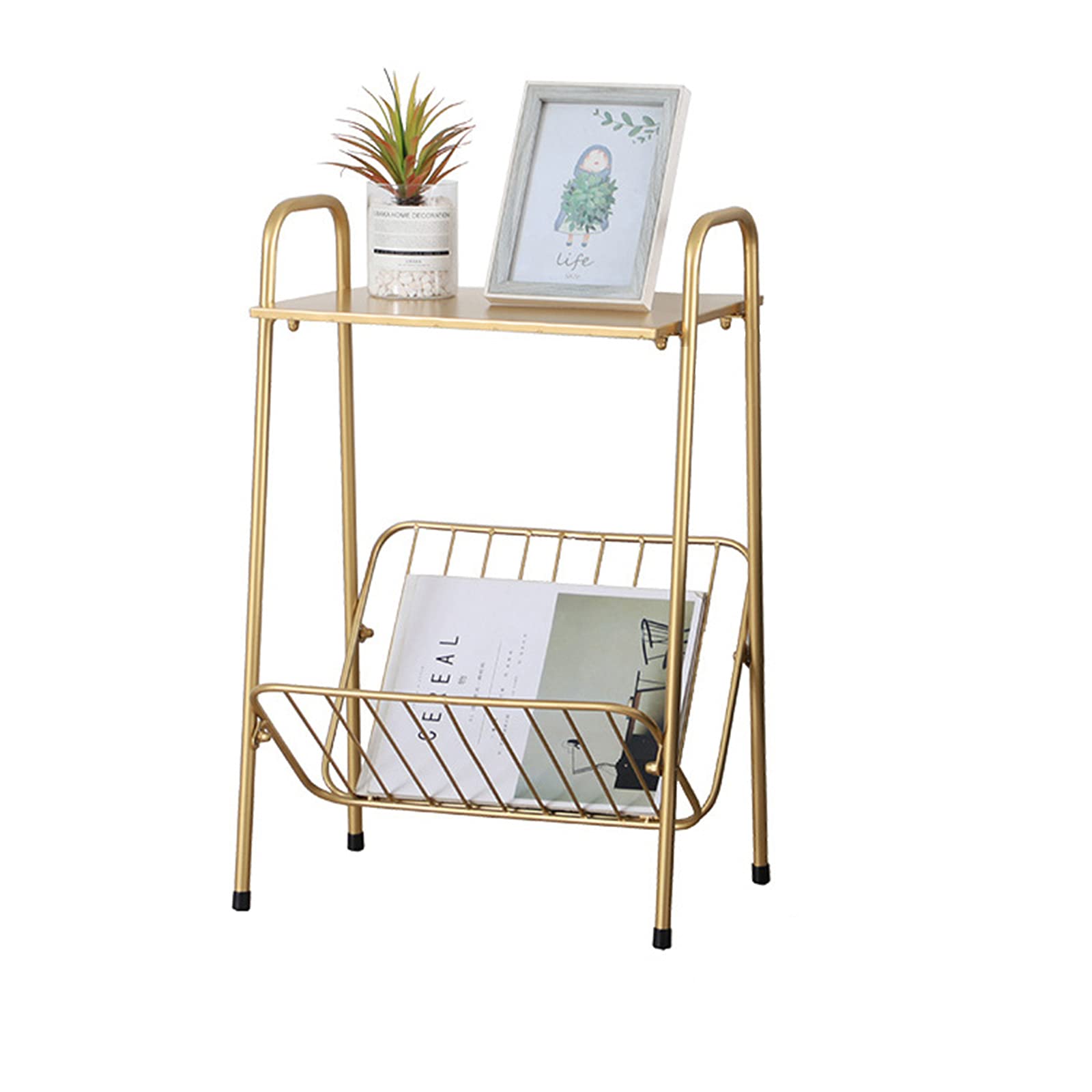 Porwayse Narrow Gold Side Table with Magazine Storage Rack - Slim Stainless Metal Accent End Table for Small Spaces, Bedside Nightstand - Perfect for Living Room, Bedroom, Dorm & Office Decor