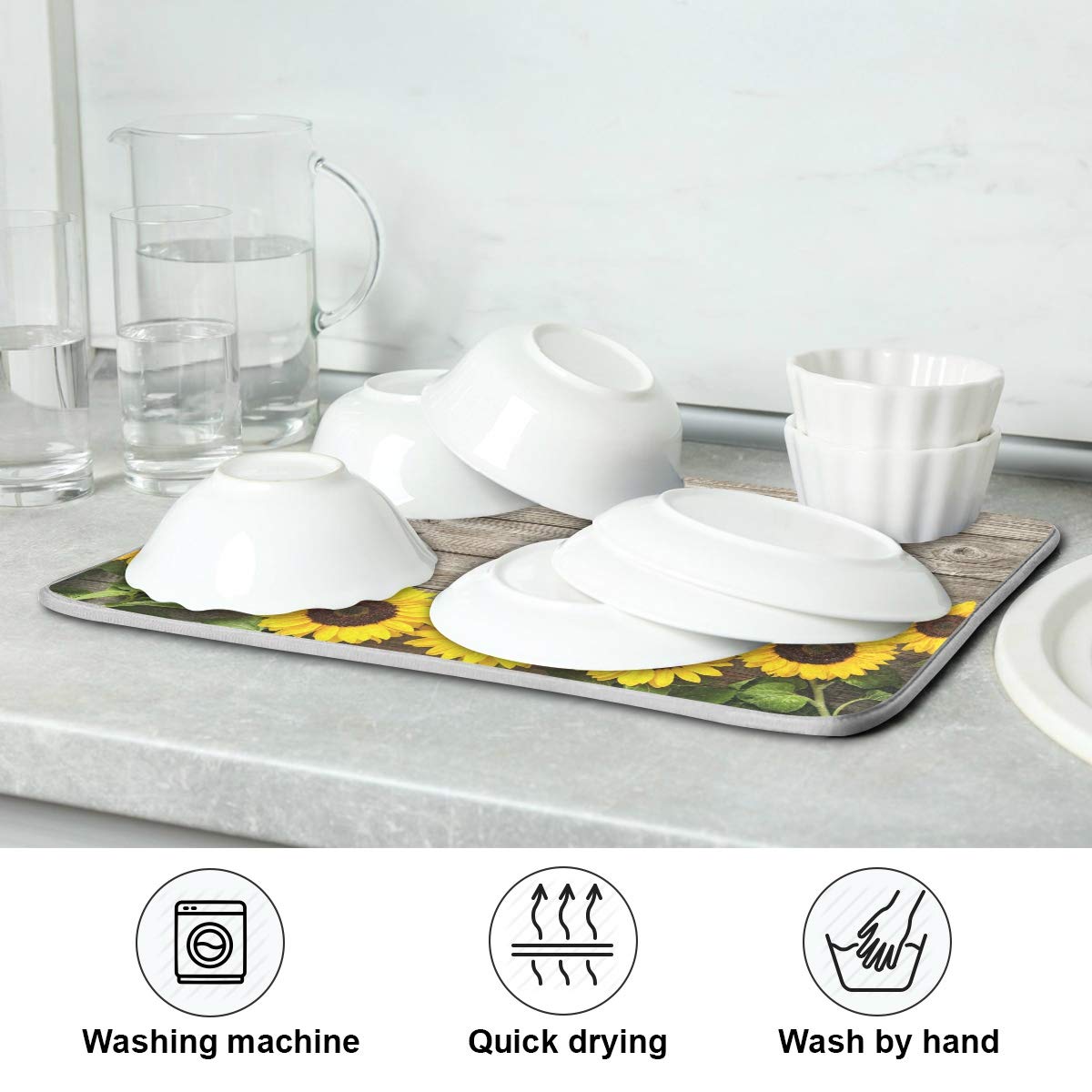 Sunflower Dish Drying Mat - Absorbent Microfiber Kitchen Pad 24x18