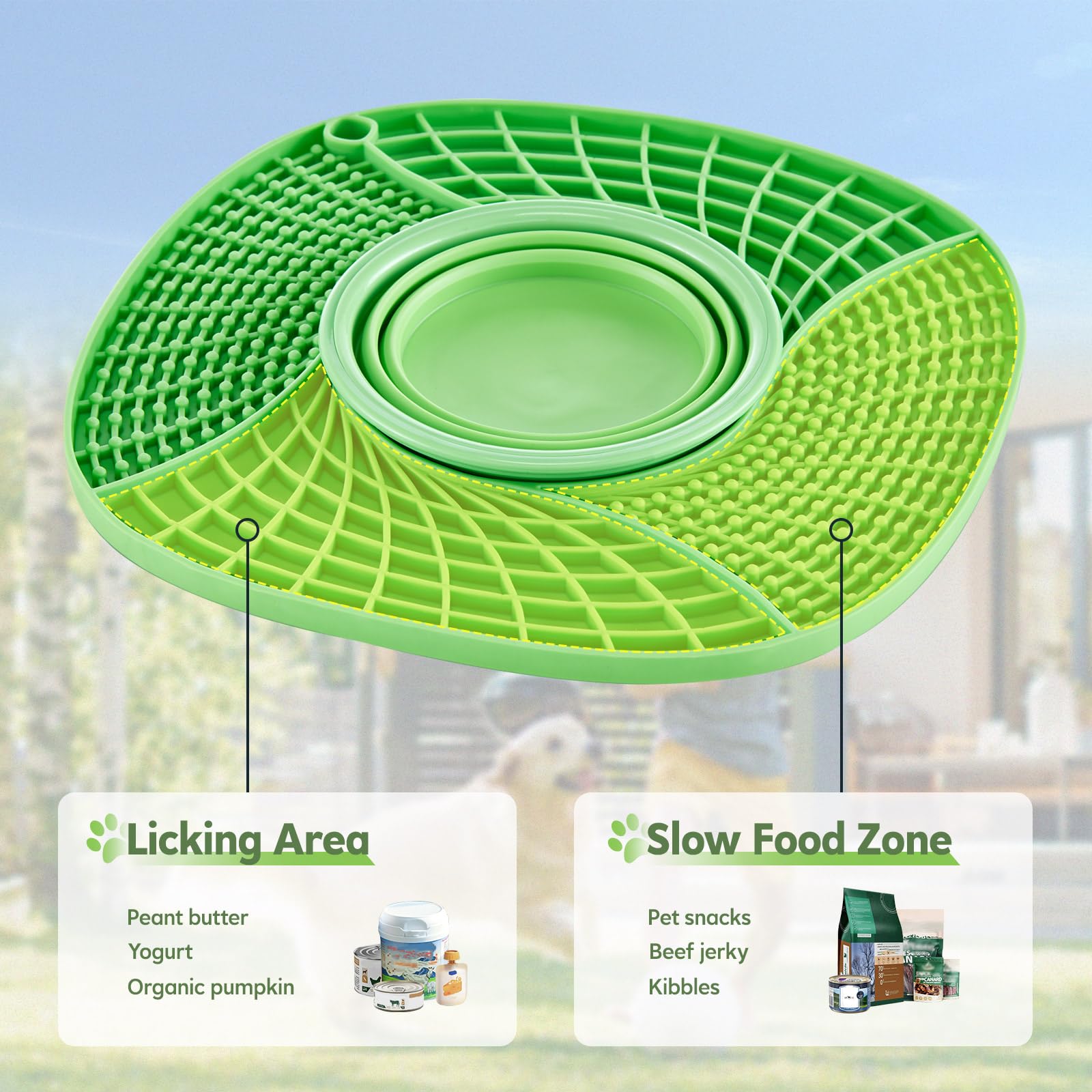 3-in-1 Slow Feeder Licking Mat for Dogs & Cats - Anxiety Relief Lick Pad with Suction Cups, Foldable Water Bowl for Healthy Eating | Perfect for Bathing, Grooming, Training & Mealtime Enrichment (Green)