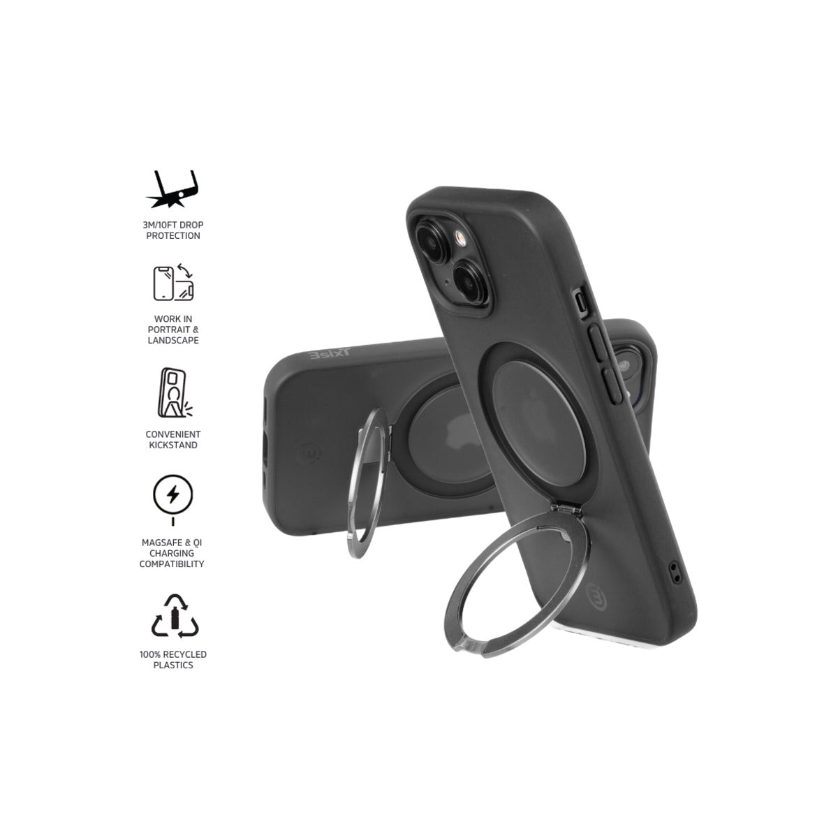 3sixT Neo Stand for Apple iPhone 15 - Premium Black Phone Holder | Perfect for Desk, Car, and Nightstand Use