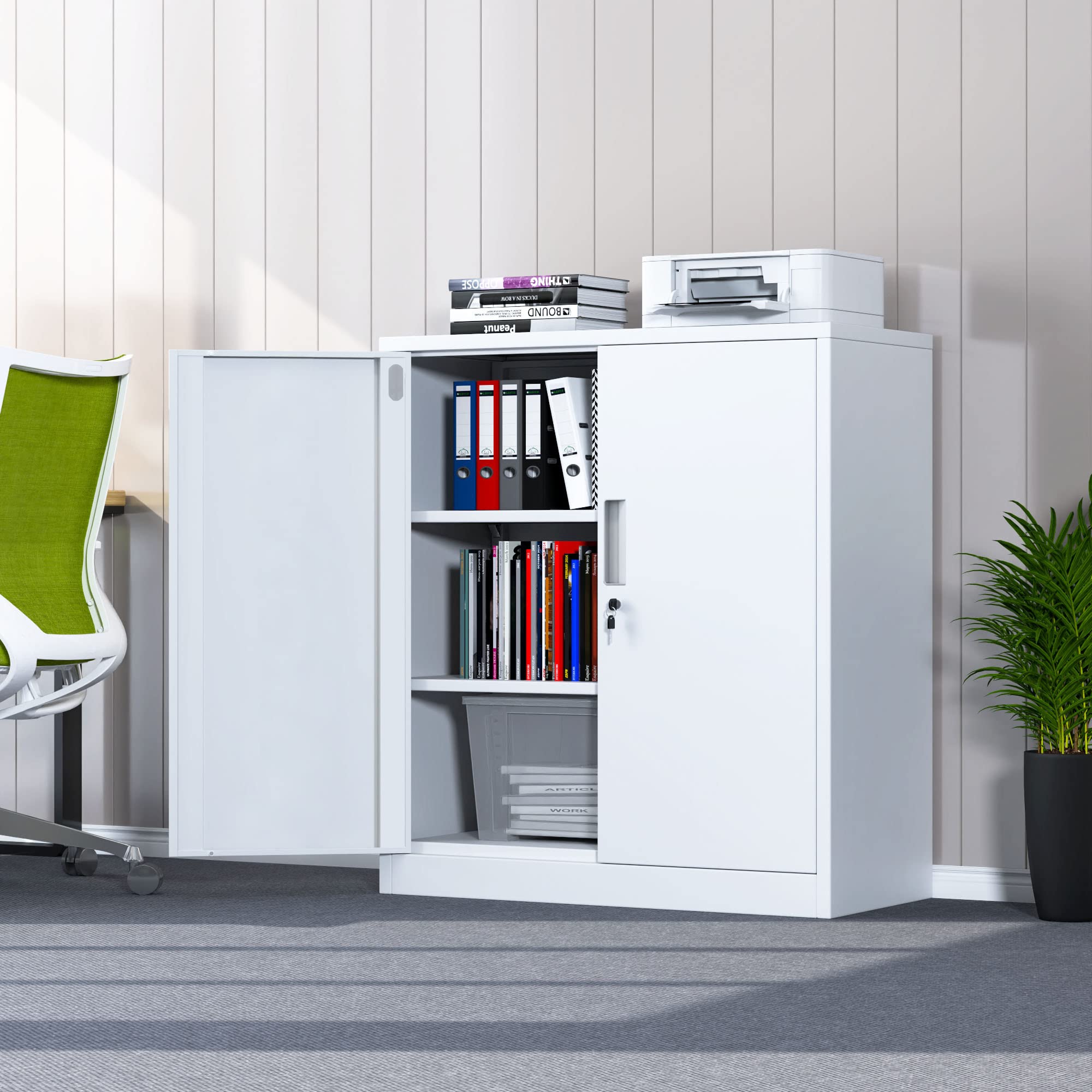 Lockable Metal Storage Cabinet with 2 Adjustable Shelves - Small Steel Storage Cabinet for Home, Office, Garage & Kitchen - White | Perfect for Organizing Tools, Files, Pantry Items & Cleaning Supplies